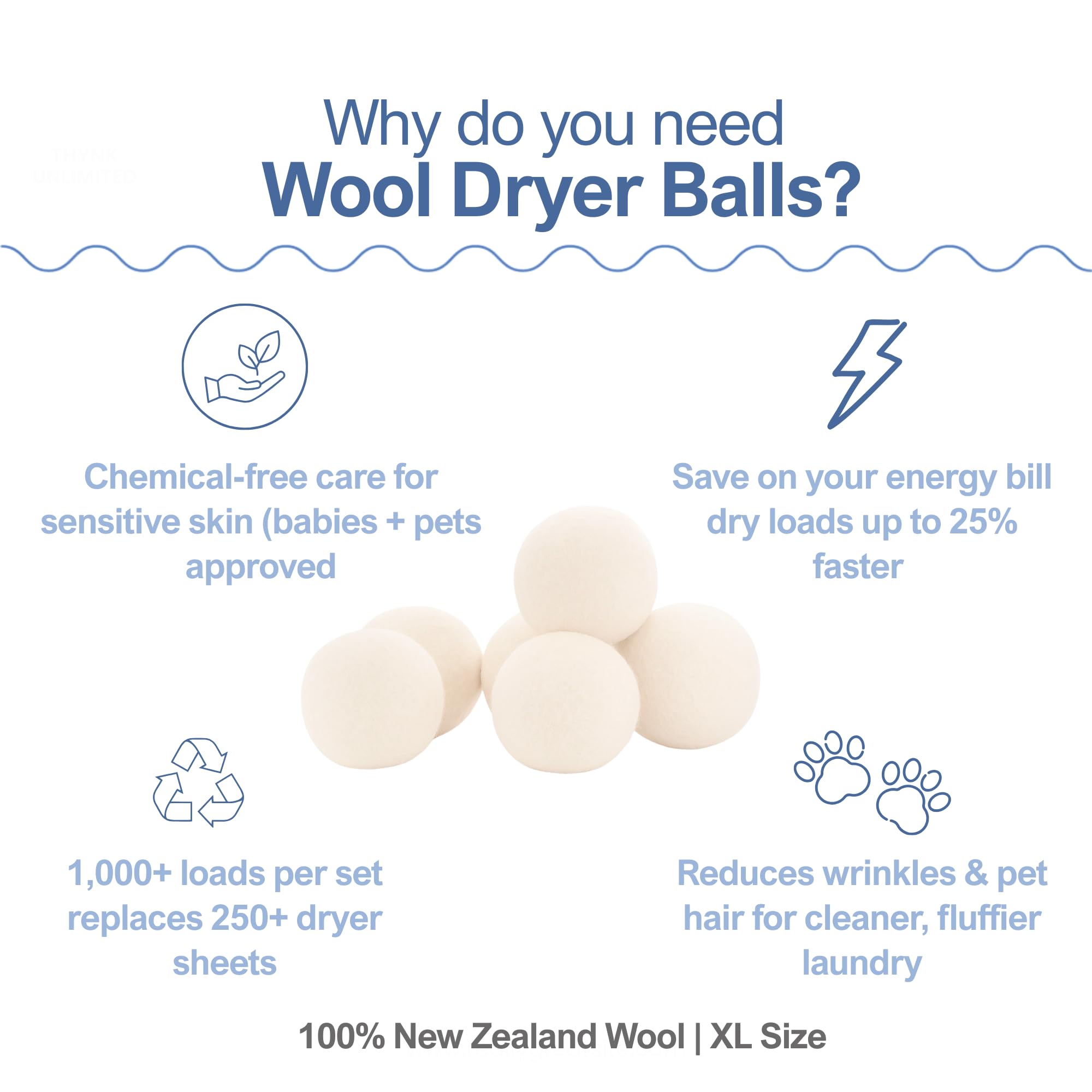 Premium Wool Dryer Balls - XL 6-Pack, 100% New Zealand Wool, Organic & Reusable, Natural Fabric Softener Alternative, Reduces Static, Wrinkles