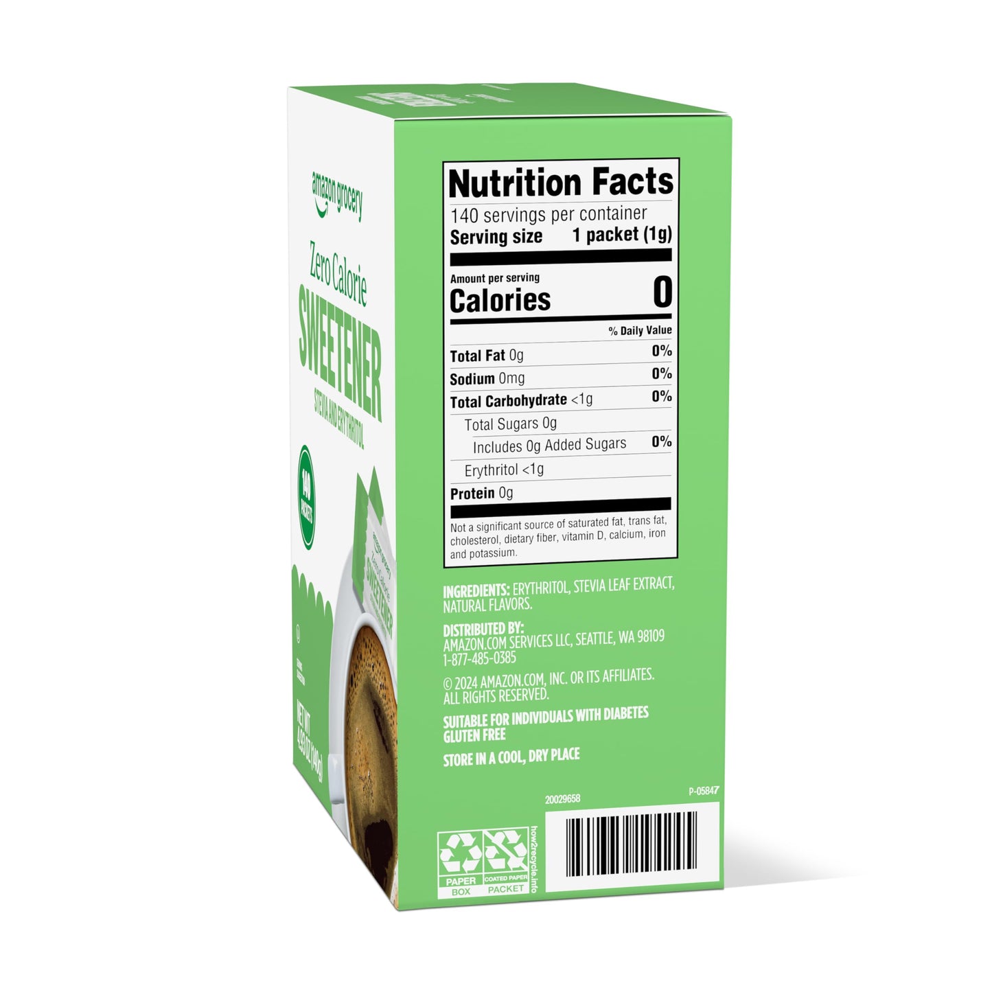 Amazon Grocery, Zero Calorie Stevia and Erythritol Sweetener Packets, 140 Ct