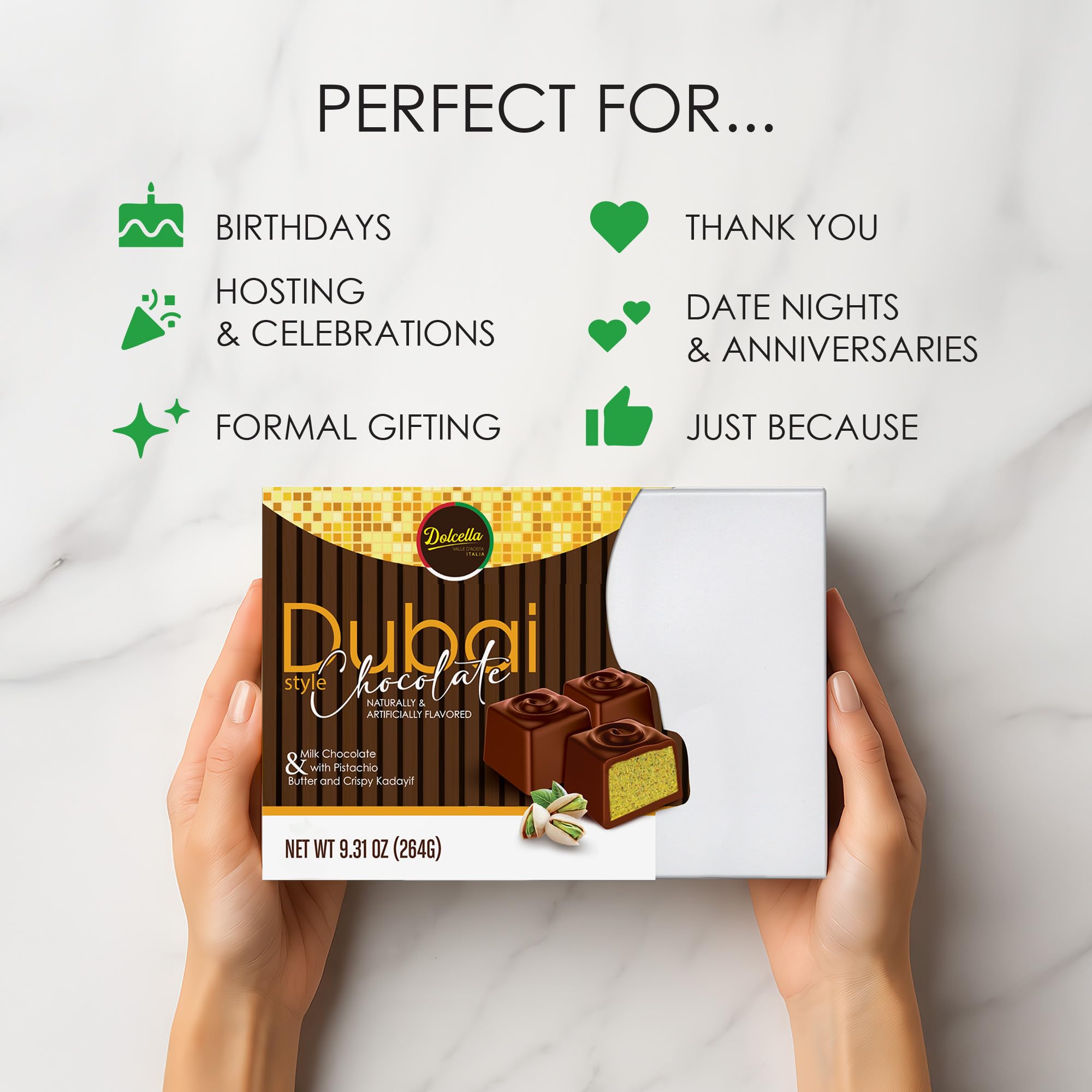 Dolcella Dubai Chocolate Truffles Gift Box - Milk Chocolate with Pistachio Cream, Butter & Crispy Kataifi | 24-Piece Luxury Chocolate Candy Box | 9.31