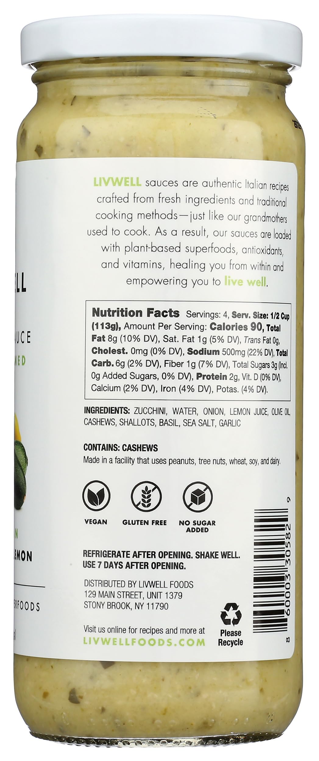 LIVWELL Sicilian Zucchini Pasta Sauce - Plant Based Dairy Free Sicilian Zucchini & Lemon Pasta Sauce with Fresh Basil, Olive Oil, Cashews & Garlic