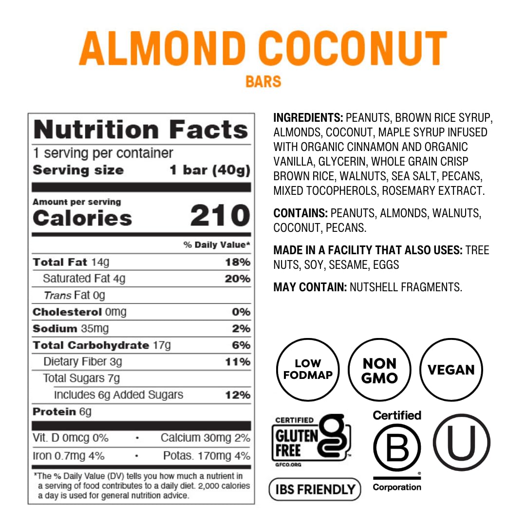 Fody Foods Snack Bars, Almond Coconut, 1.41 Oz (Pack of 12), 6g Protein, Low FODMAP, Gut & IBS Friendly, Vegan, Lactose Free, Non-GMO, Gluten Free
