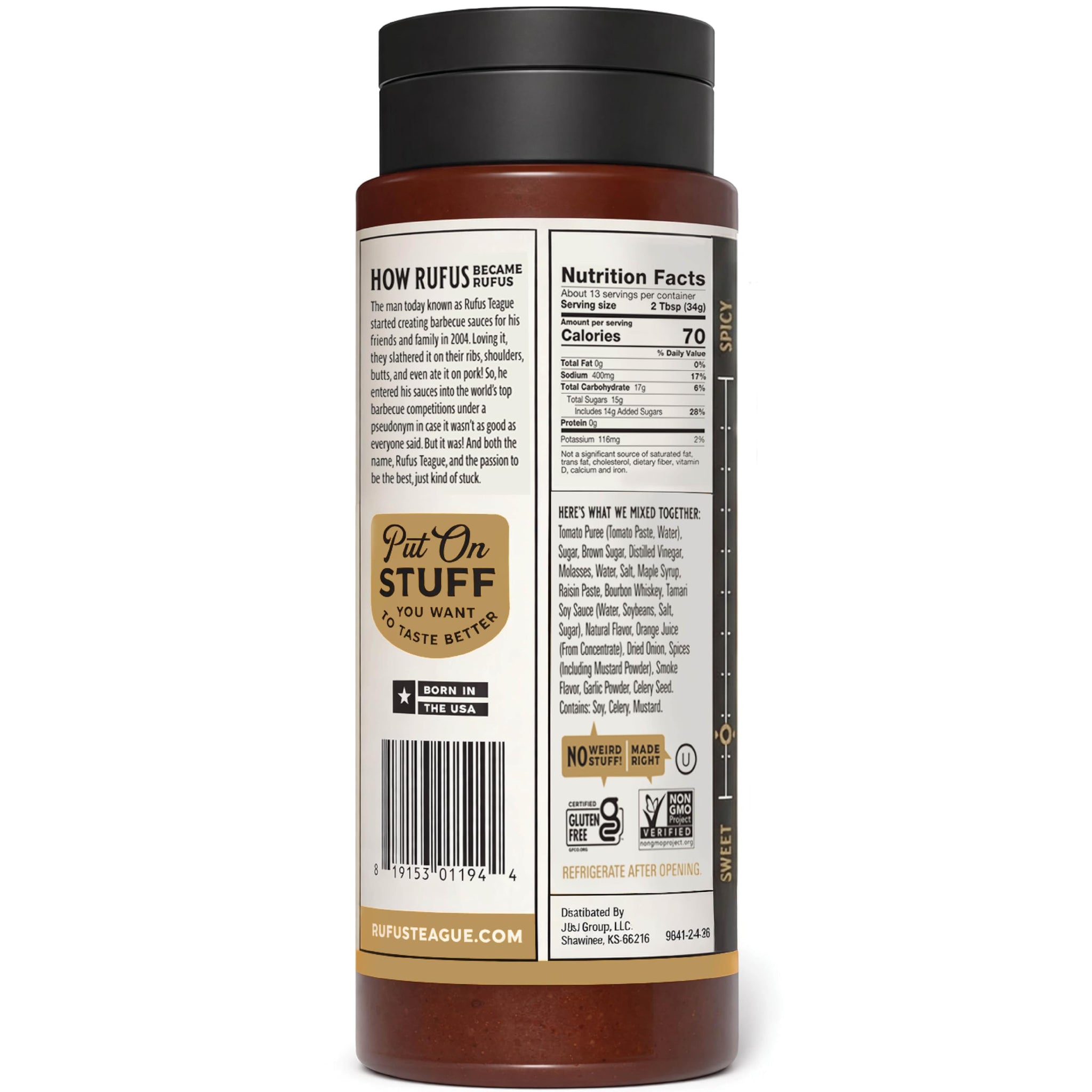 Rufus Teague Whiskey Maple BBQ Sauce, Flip Top Squeeze Bottle, 15.2 oz