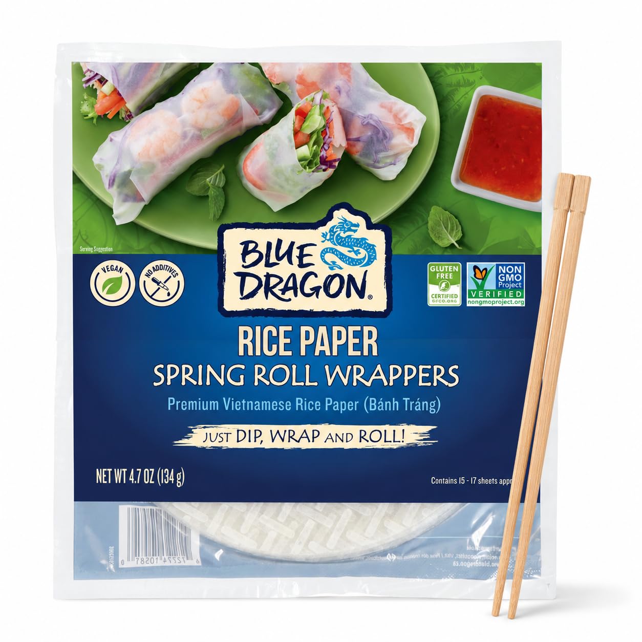Blue Dragon Rice Paper Spring Roll Wrappers & Chopsticks- 4.7oz (Pack of 1) - Vietnamese Rice Paper Sheets - No Added Colors, Flavors Or Preservatives