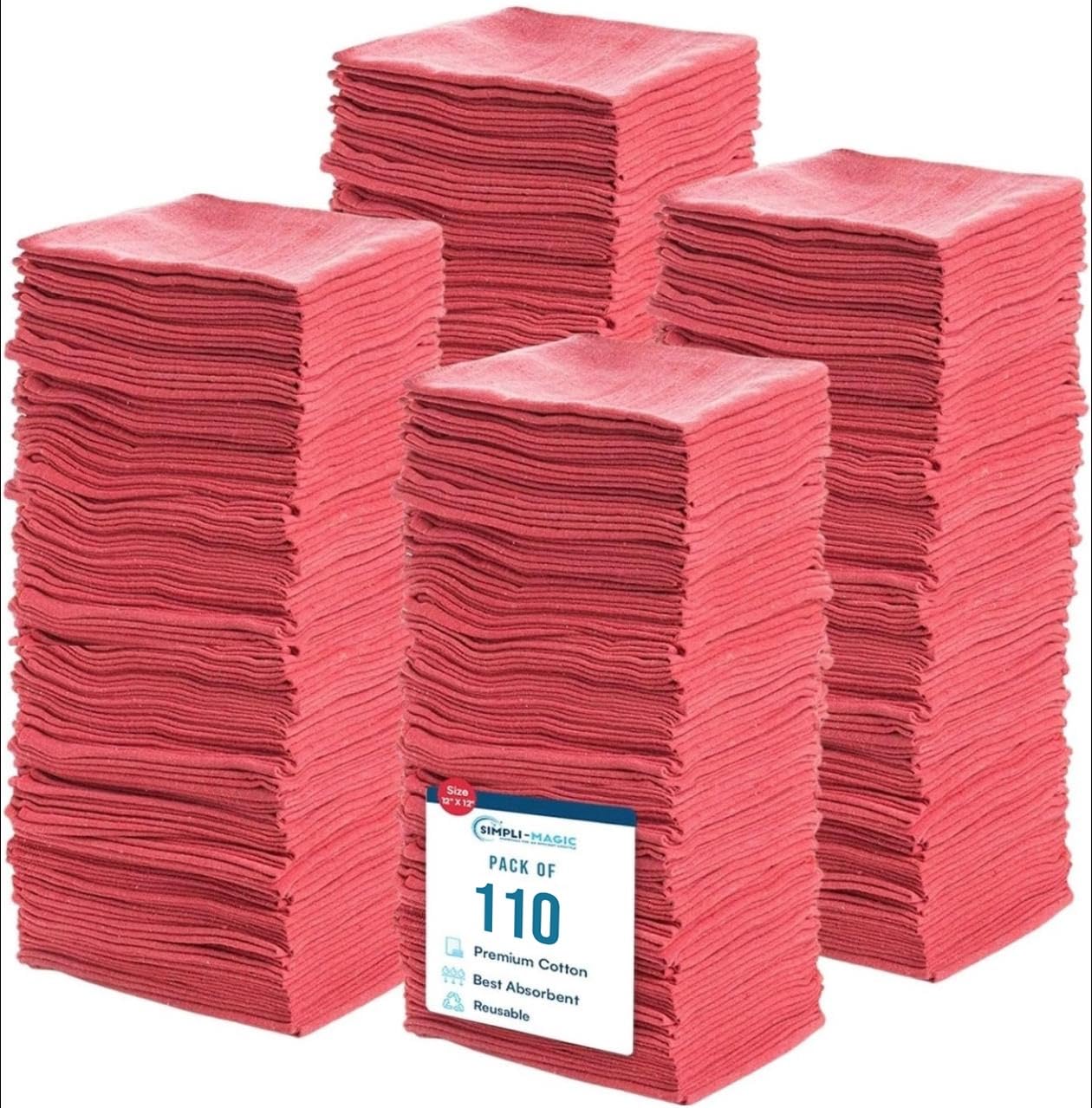 Simpli-Magic Cotton Shop Towels 14"x12" (110 Pack) - Reusable Cleaning Shop Rags for Automobiles, Industries, Garage and Homes (Red)