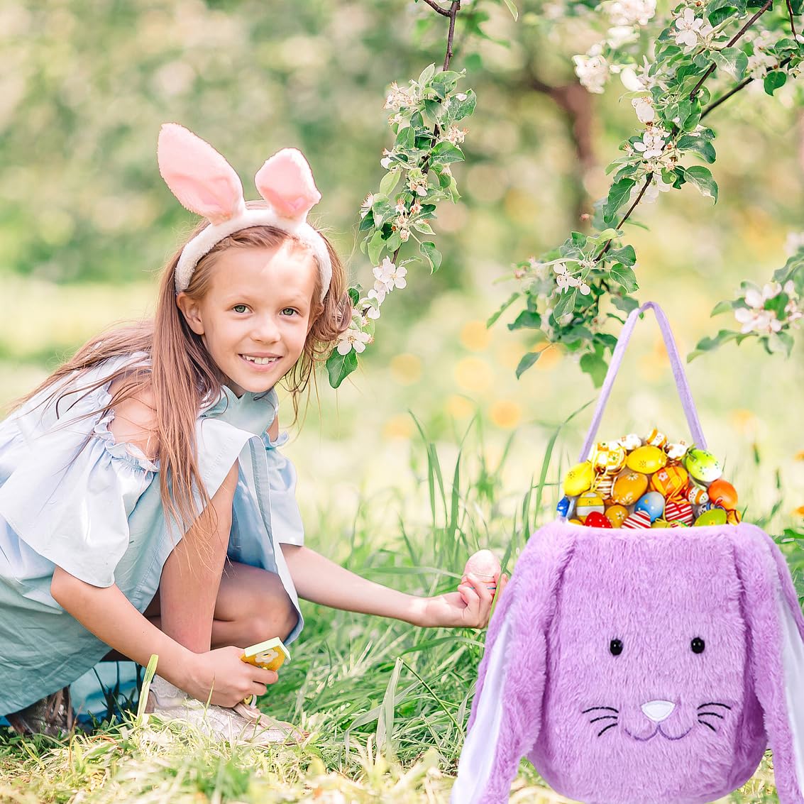 Plush Easter Bunny Basket, Monogrammed Bunny Easter Buckets with Long Plush Ear, Egg Hunting Easter Gift Bags Easter Tote Bags for Easter Decorations