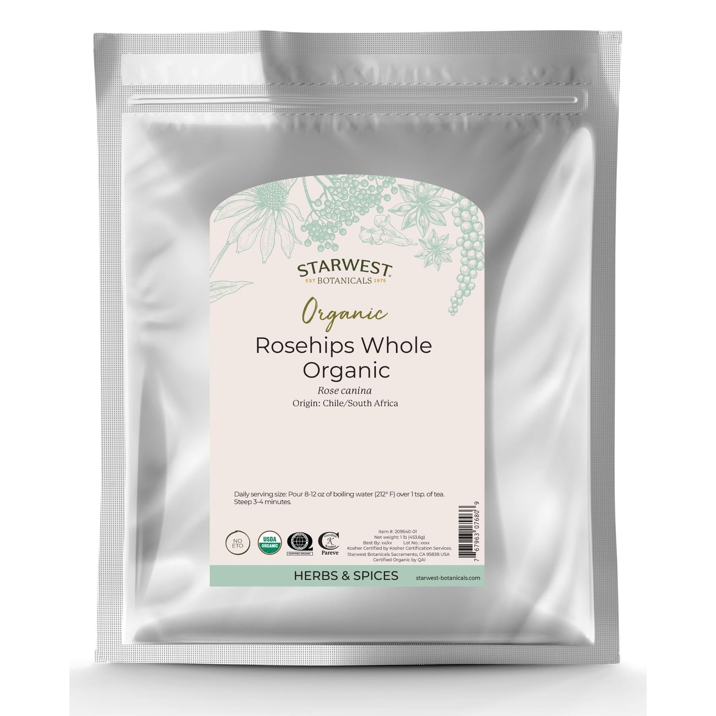 Starwest Botanicals Rosehips Whole Organic - Dried Herb for Tea & Baking, Seedless, Cut & Sifted, Certified Kosher, Non-GMO - Bulk 1 lb Bag