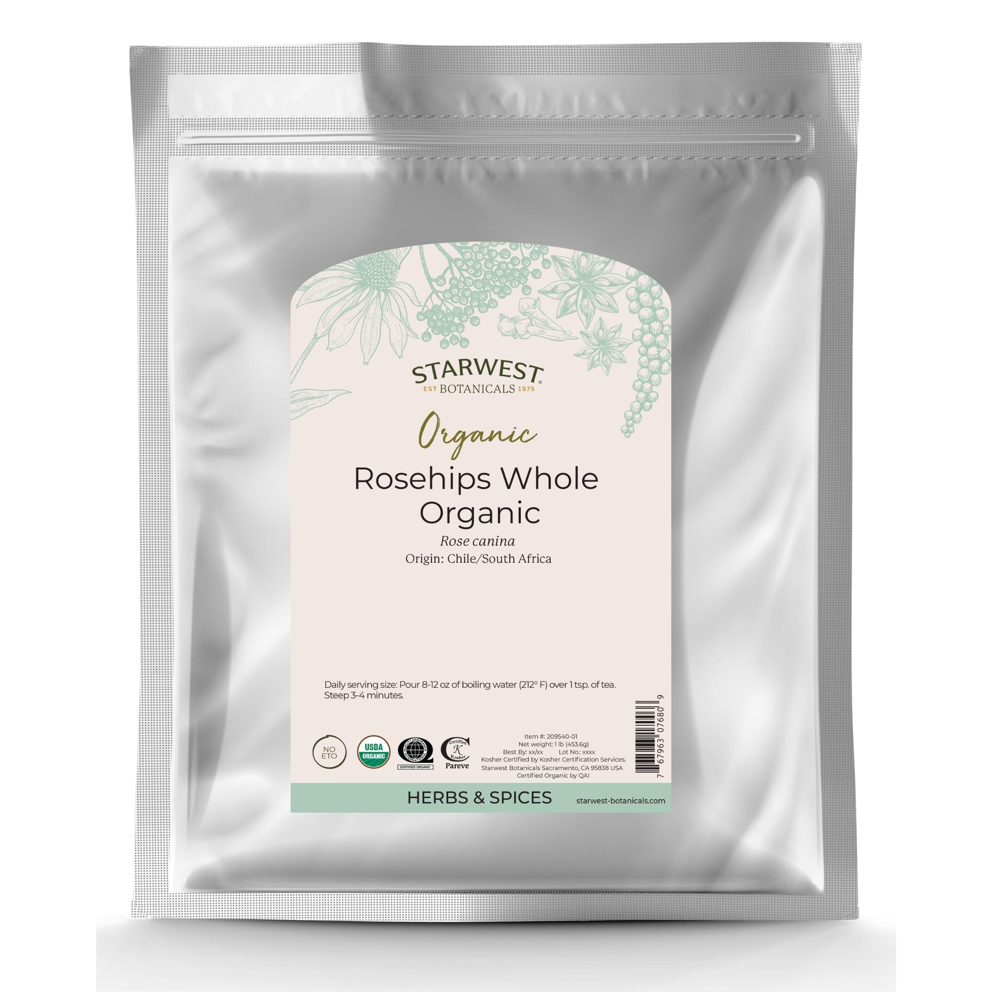 Starwest Botanicals Rosehips Whole Organic - Dried Herb for Tea & Baking, Seedless, Cut & Sifted, Certified Kosher, Non-GMO - Bulk 1 lb Bag