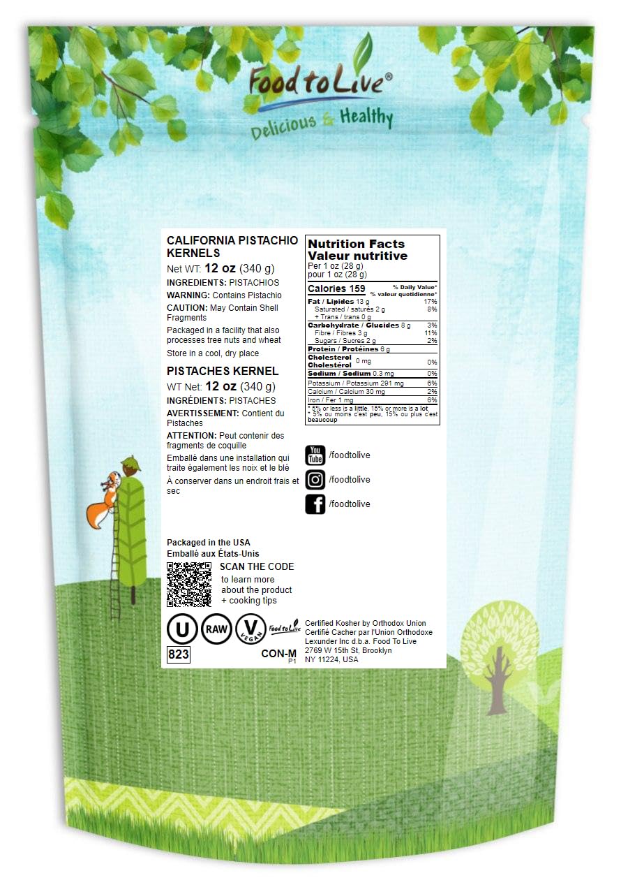 Food to Live No Shell Pistachios, 12 Ounces - Unsalted, Kernels, Sirtfood, Bulk. Pistachios Individual Packs. Wonderful Keto and Paleo Snack