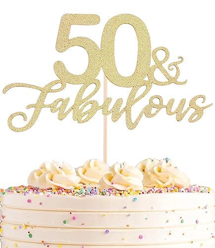 AHAORAY 50 Fabulous Cake Topper, Premium Gold Glitter Cardboard Cake Decoration for 50th Happy Birthday Party - Fifty and Fabulous Cake Topper