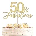 AHAORAY 50 Fabulous Cake Topper, Premium Gold Glitter Cardboard Cake Decoration for 50th Happy Birthday Party - Fifty and Fabulous Cake Topper