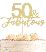 AHAORAY 50 Fabulous Cake Topper, Premium Gold Glitter Cardboard Cake Decoration for 50th Happy Birthday Party - Fifty and Fabulous Cake Topper