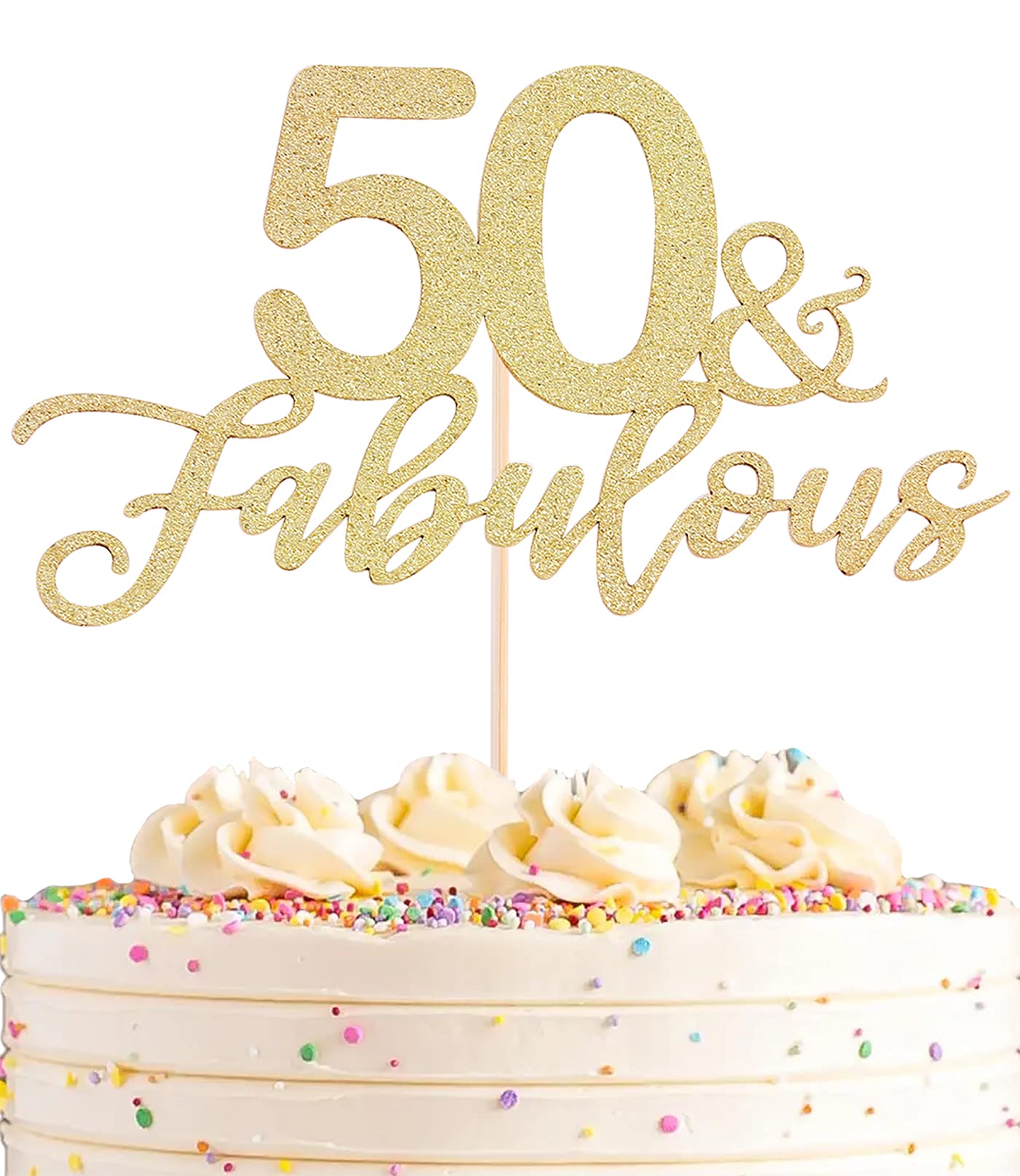 AHAORAY 50 Fabulous Cake Topper, Premium Gold Glitter Cardboard Cake Decoration for 50th Happy Birthday Party - Fifty and Fabulous Cake Topper