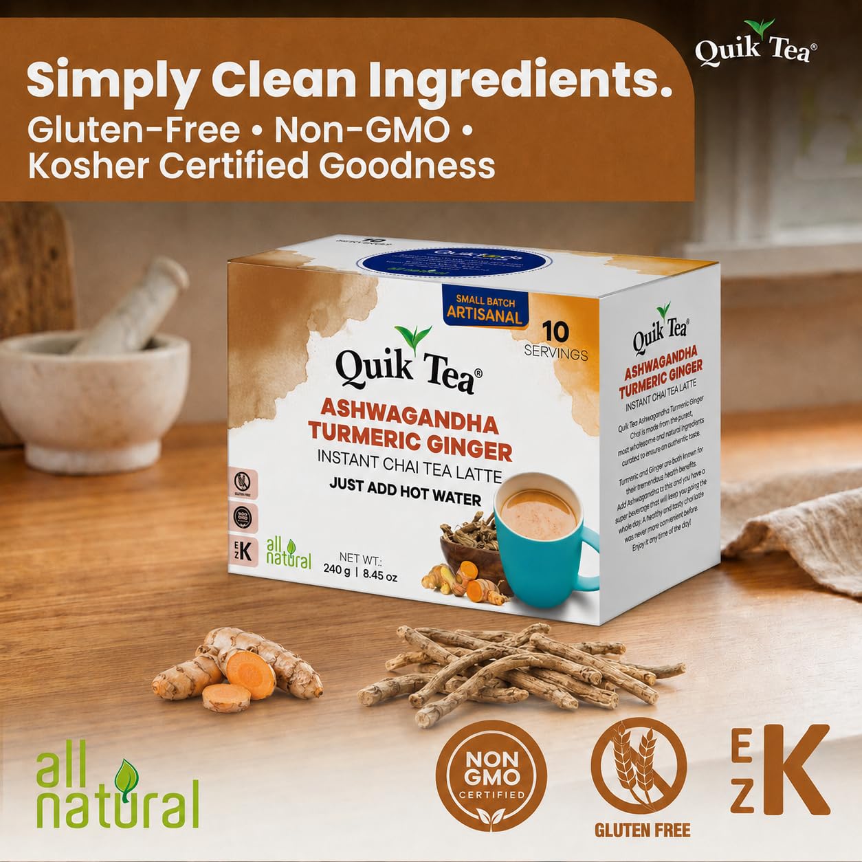 QuikTea Instant Ashwagandha Turmeric Ginger Chai Tea Latte, 10 Single-Serve Sachets, Artisanal Indian Chai Latte Mix, Just Add Hot Water, Low