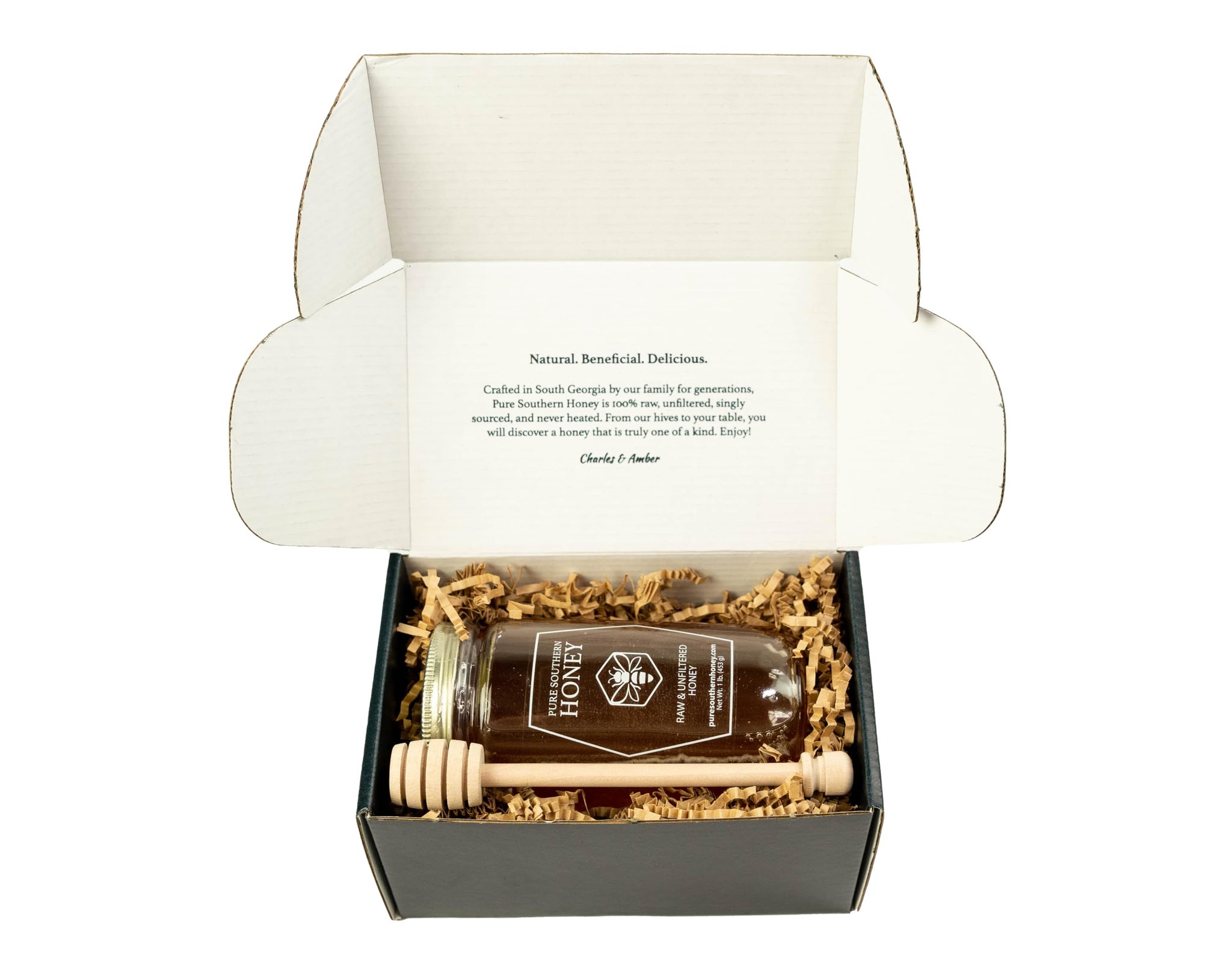 100% Authentic, USA - Made Raw Unfiltered Gourmet Honey Gift Box with Dipper by Pure Southern Honey [ 1 lb] - Unheated - Non - GMO, No Additives, All