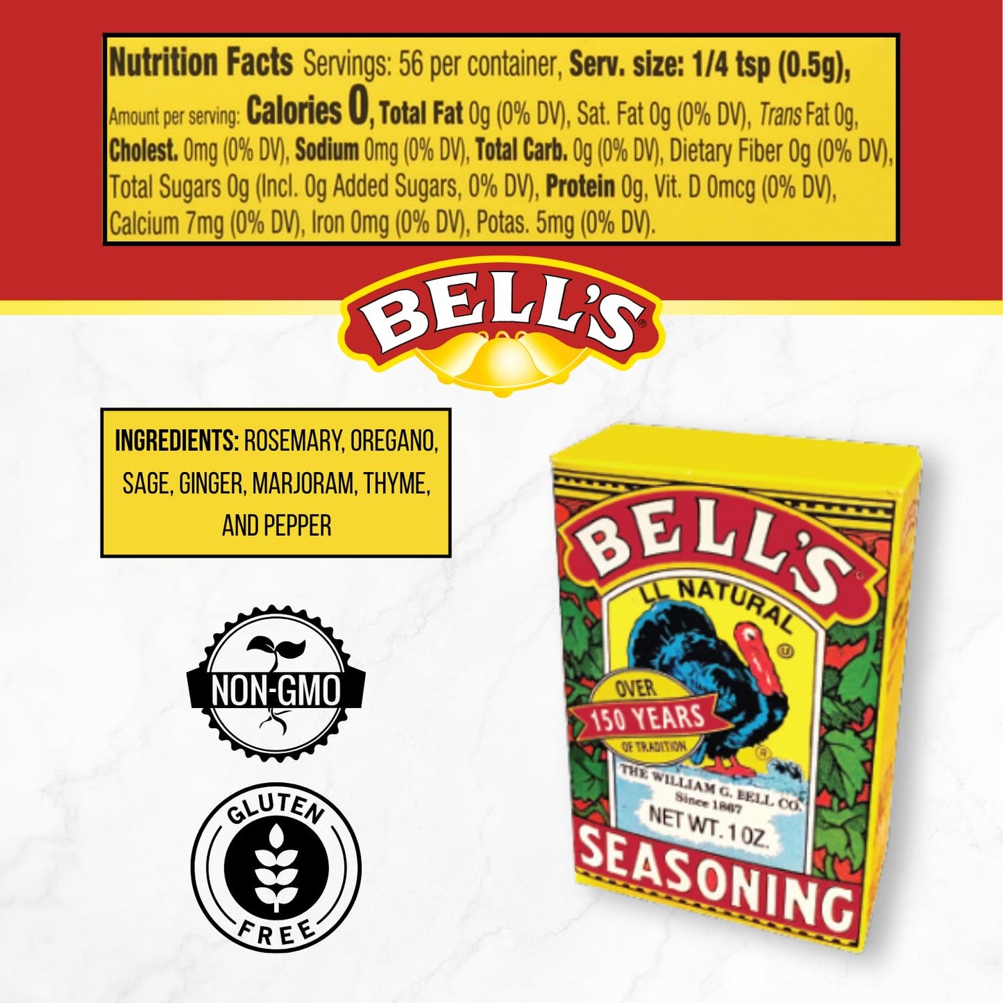 Bell's All Natural Seasoning 1oz Box, Classic Salt-Free Poultry Blend, Gluten-Free, Kosher & Non-GMO