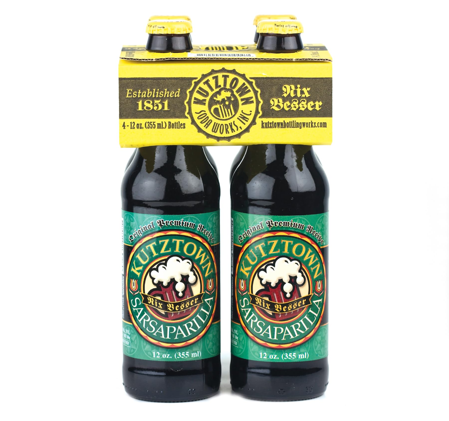 KauffmanTreats Kutztown Glass Bottle Sarsaparilla Soda, Favorite Amish Drink, 12 Oz. Bottles (Pack of 4)