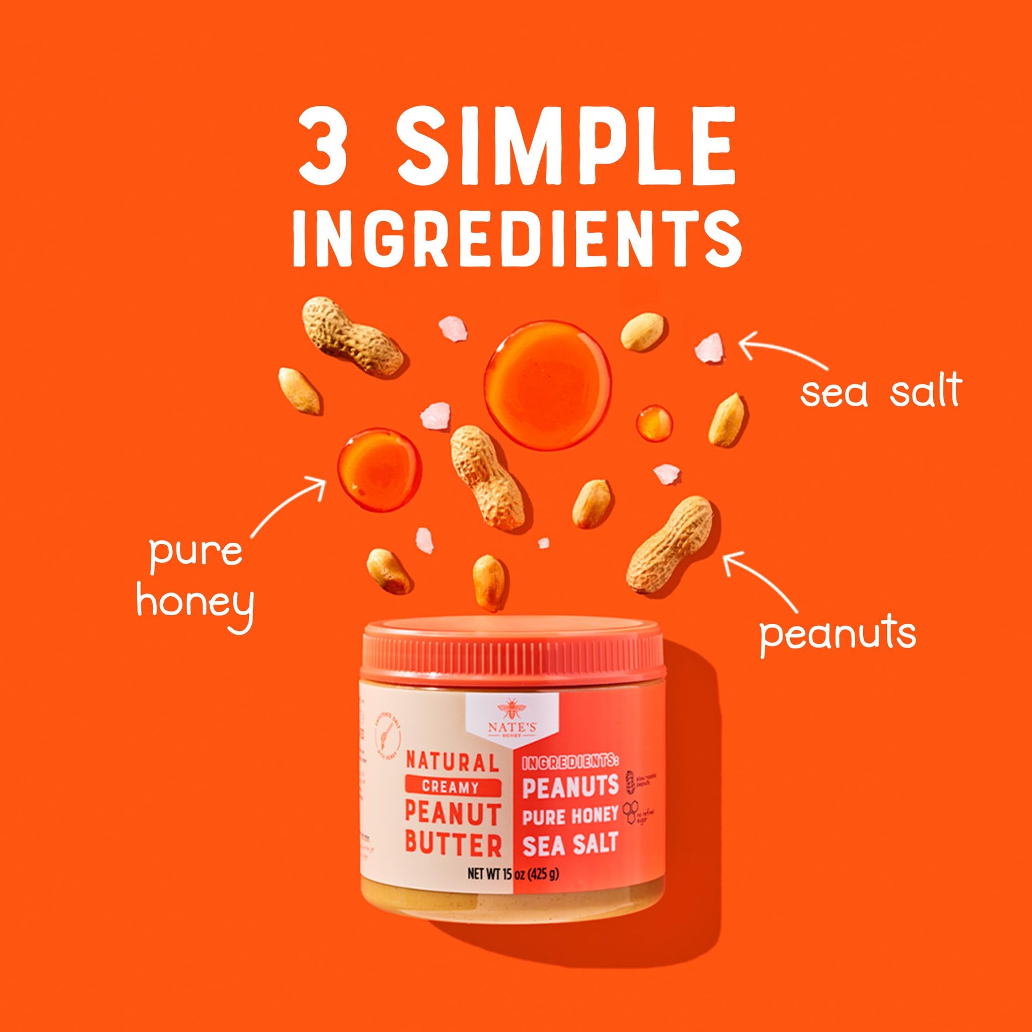 Nate's Honey Peanut Butter, Creamy, All-Natural - 3 Real Ingredients, Sweetened Only with Pure Honey - 15 oz Jar - No Refined Sugar, No Palm Oil, Easy