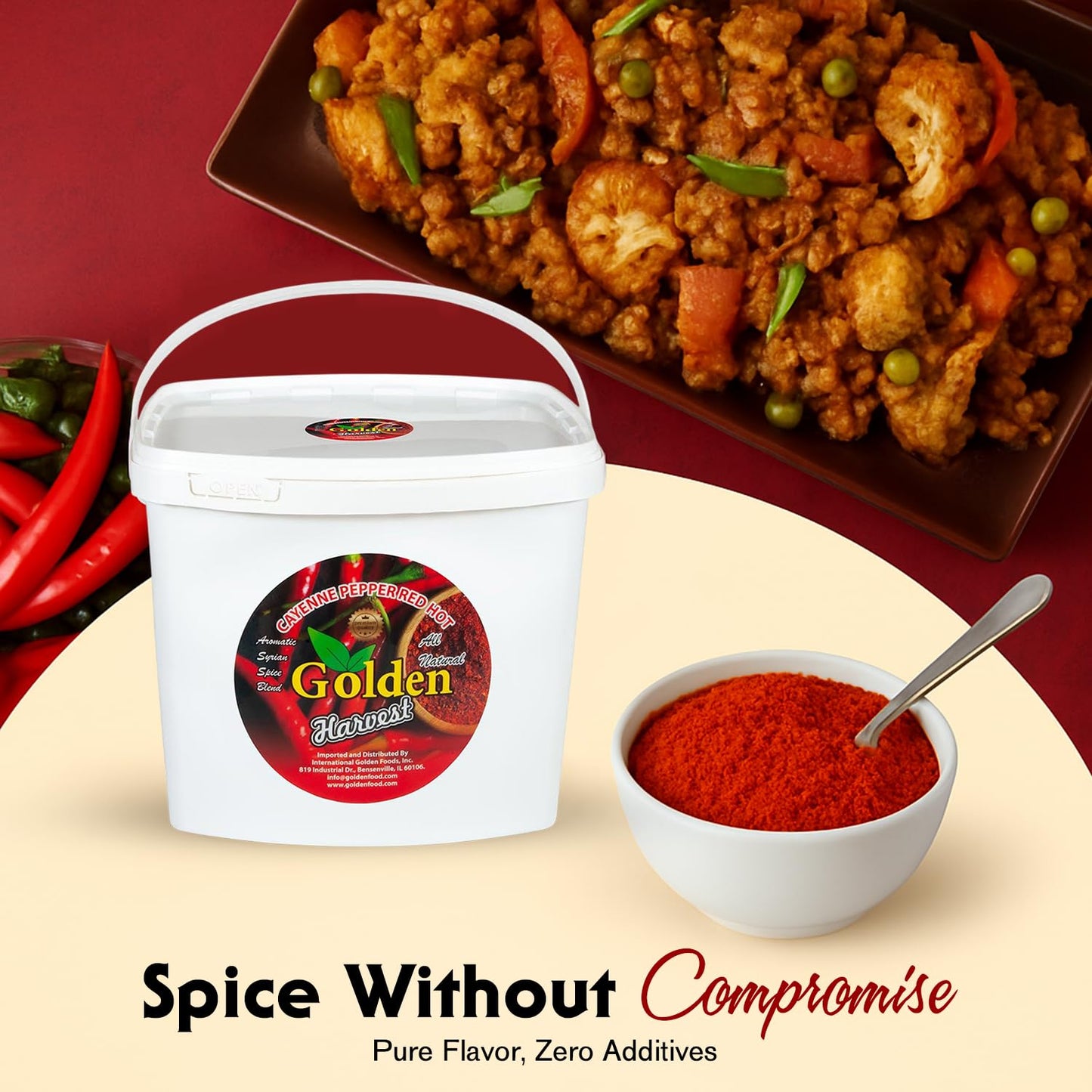Golden Harvest Cayenne Pepper Red Hot | 5 lbs (2.26kg) Bulk Bucket | Halal All-Natural Ground Spice | Hot Chili Seasoning for Restaurants, Catering