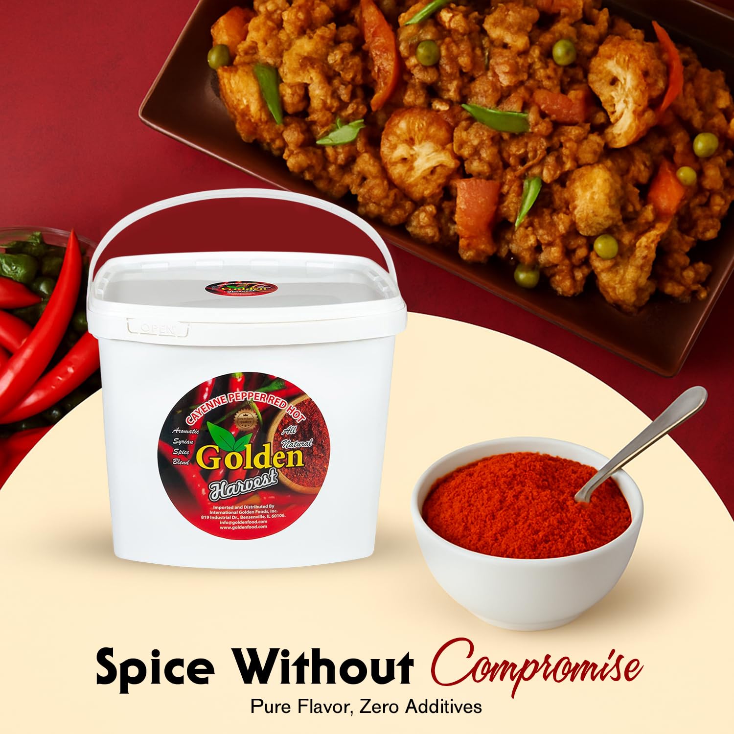 Golden Harvest Cayenne Pepper Red Hot | 5 lbs (2.26kg) Bulk Bucket | Halal All-Natural Ground Spice | Hot Chili Seasoning for Restaurants, Catering