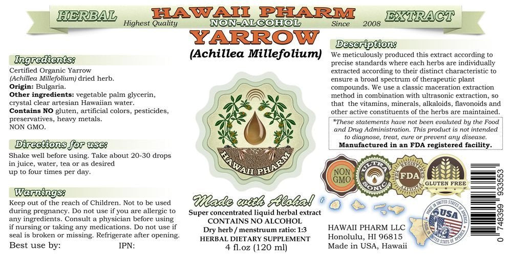 Hawaii Pharm Yarrow Alcohol-Free Liquid Extract, Professional Grade, Small Batch Crafted Yarrow (Achillea millefolium) Dried Herb Glycerite Natural