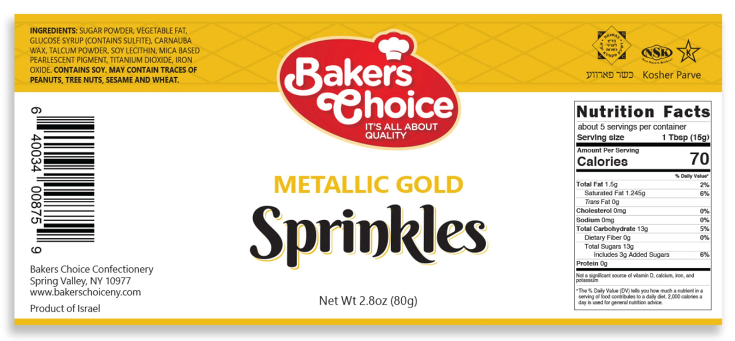 Bakers Choice Metallic Gold Sprinkles for Baking - Jimmies Sprinkles for Ice Cream Toppings - Dairy Free, Kosher 2.8 oz.