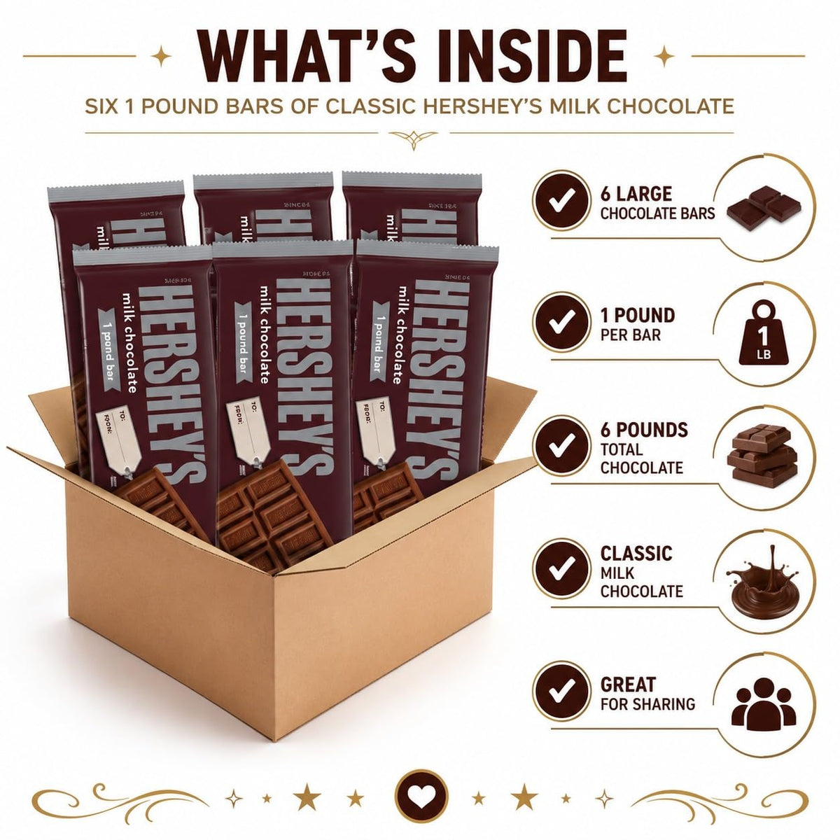 HERSHEY'S Milk Chocolate Candy Gift Bars, 1 Pound Large Chocolate Bars, 6 Pack Bulk Chocolate Candy - Classic Creamy Milk Chocolate Sharing Bars