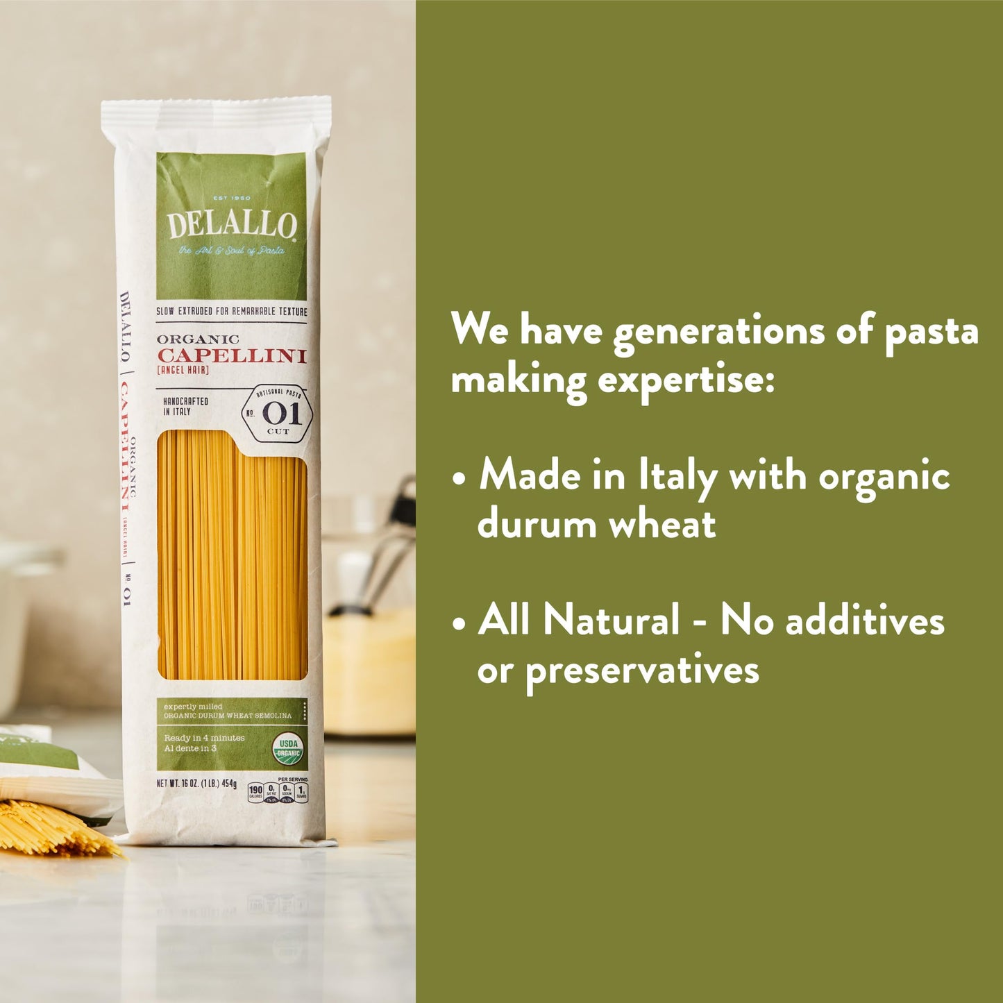 DeLallo Organic Capellini Pasta, Made with Only 100% Semolina Durum Wheat Flour, Bronze Cut, Made in Italy, Non-GMO, Kosher, Vegan, Preservative Free