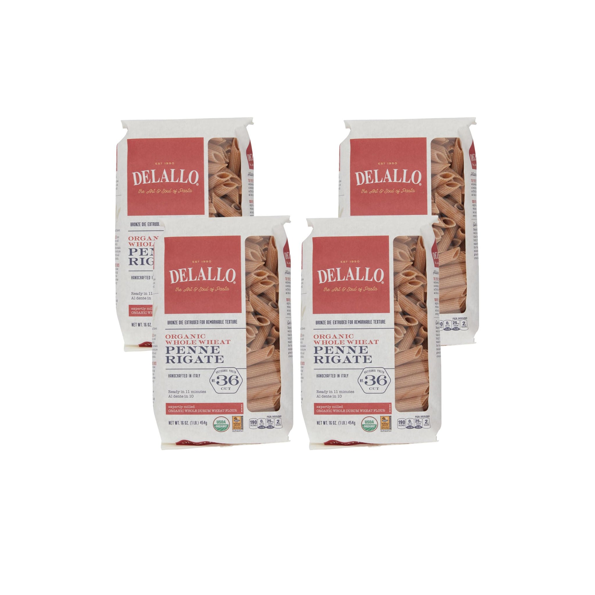 DeLallo Whole Wheat Penne Pasta, 1 Pound Bag, (4 Pack), 100% Certified Organic, Made in Italy, Whole Grain, Bronze Cut, Made with Only Durum Wheat