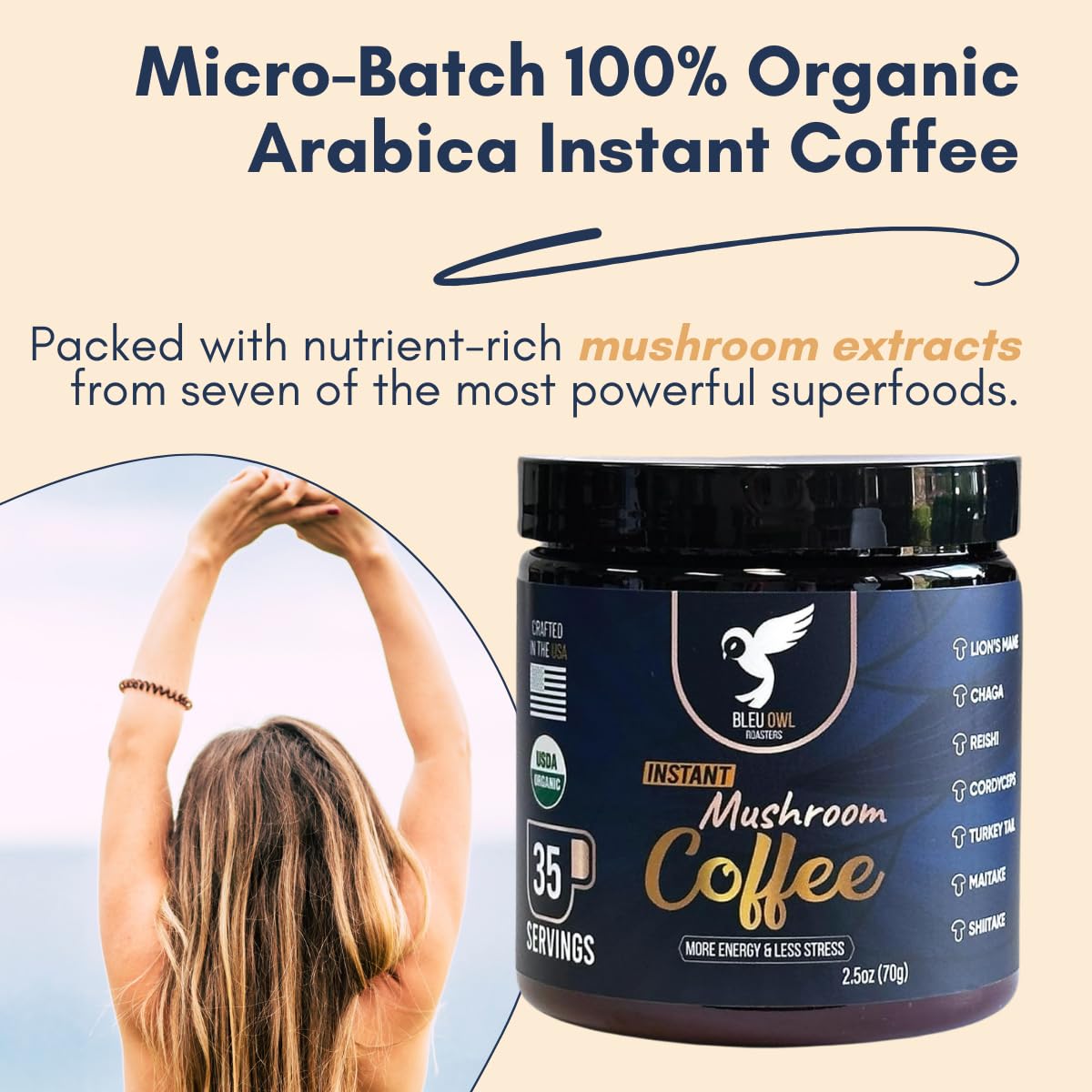 Bleu Owl Instant Organic Mushroom Coffee - 7 Superfood Mushrooms for Gut Health Energy & Clarity - Arabica 35 servings, 2.5oz. - Lion’s Mane Chaga