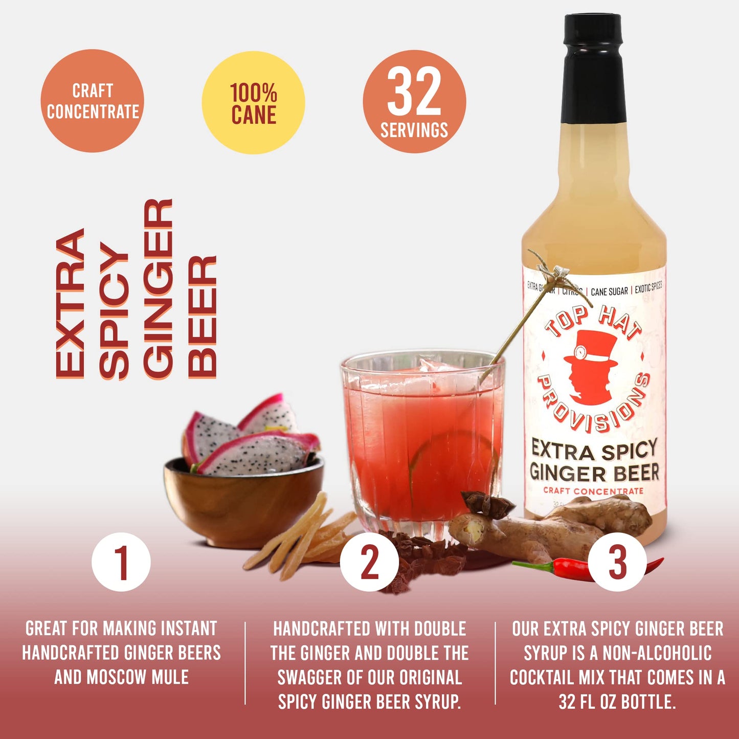 Top Hat Extra Spicy Ginger Beer Syrup - Spicy Ginger Syrup for Soda Makers - Makes 32 Craft Sodas, Mules, Cocktails, Mocktails - Compatible