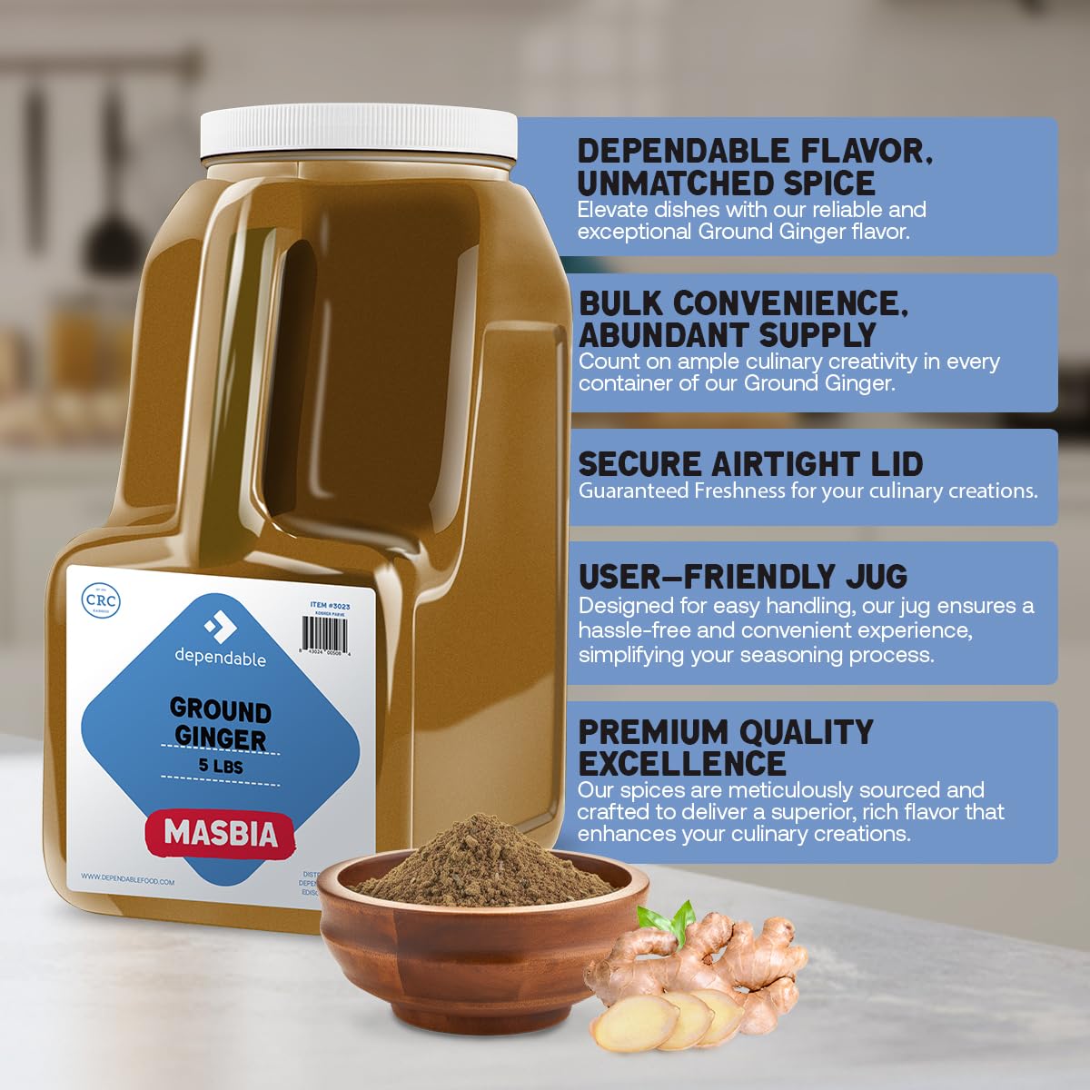 Dependable Foods Ground Ginger Spice - 5 Lb. Bulk Jar - Non-GMO, Kosher, Salt-Free, Allergen-Free| Zesty Spice Delight