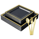 JOLLY CHEF 125 Count Square Black Gold Plastic Plates, Including 25 Disposable Dinner, 25 Dessert, 25 Knives, 25 Forks and 25 Spoons, Plastic Dinner