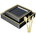 JOLLY CHEF 125 Count Square Black Gold Plastic Plates, Including 25 Disposable Dinner, 25 Dessert, 25 Knives, 25 Forks and 25 Spoons, Plastic Dinner