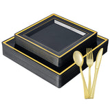 JOLLY CHEF 125 Count Square Black Gold Plastic Plates, Including 25 Disposable Dinner, 25 Dessert, 25 Knives, 25 Forks and 25 Spoons, Plastic Dinner