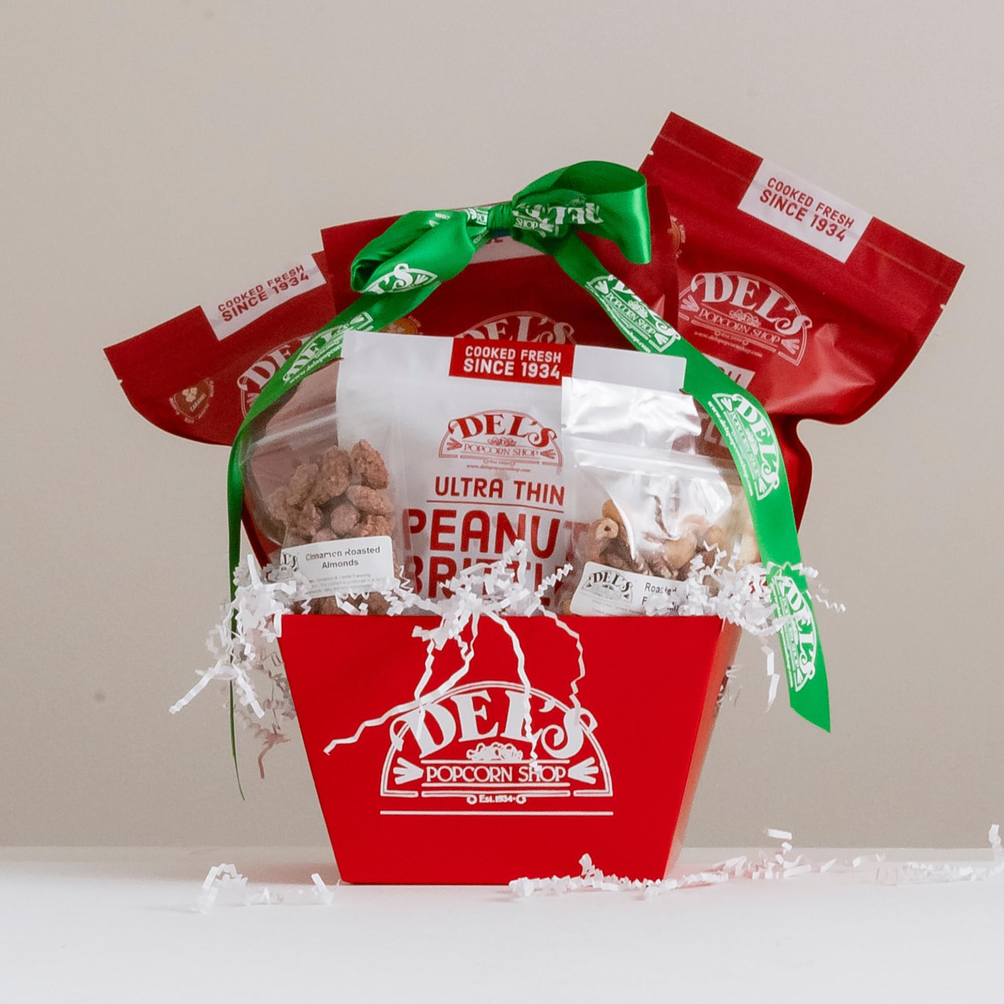 Gourmet Popcorn Gift Set - Wrapped and ready to gift! Est 1934 - Caramel Popcorn, Cheese Popcorn, Kettle Corn, Peanut Brittle, Cinnamon Roasted