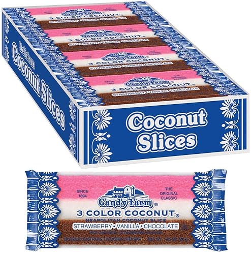 Neapolitan Coconut Slice Candy Bars (Vanilla, Chocolate & Strawberry-striped moist coconut 1.65 Ounce Bars), 24 Count
