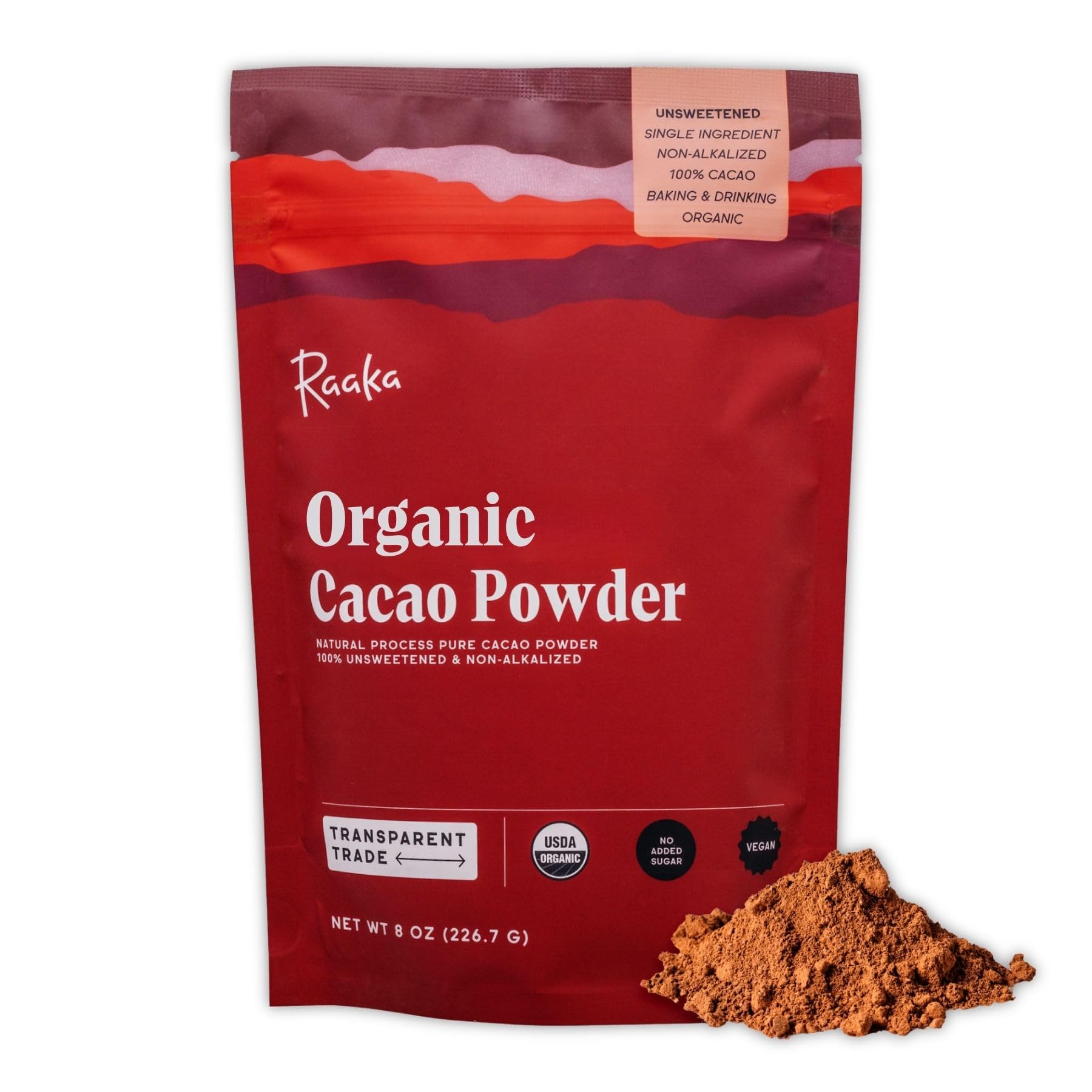 Raaka Chocolate Organic Cacao Powder - Unsweetened, Non-Alkalized, Perfect for Baking, Substitute for Cocoa Powder - Gluten-Free, Soy-Free, Sugar-Free, Allergen-Friendly - 8oz Resealable Bag