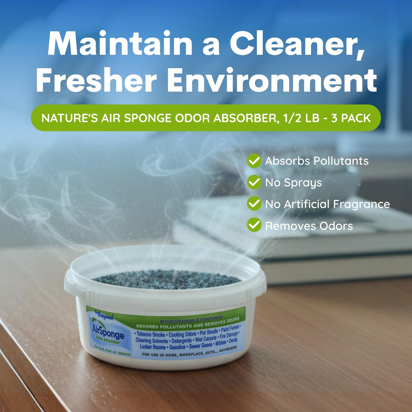 Nature’s Air Sponge Odor Absorber - 3-Pack, 1/2 Lb Each, Activated Charcoal Air Freshener for Home, Office & Car, Compact, Fresh Clean Air, Absorbs