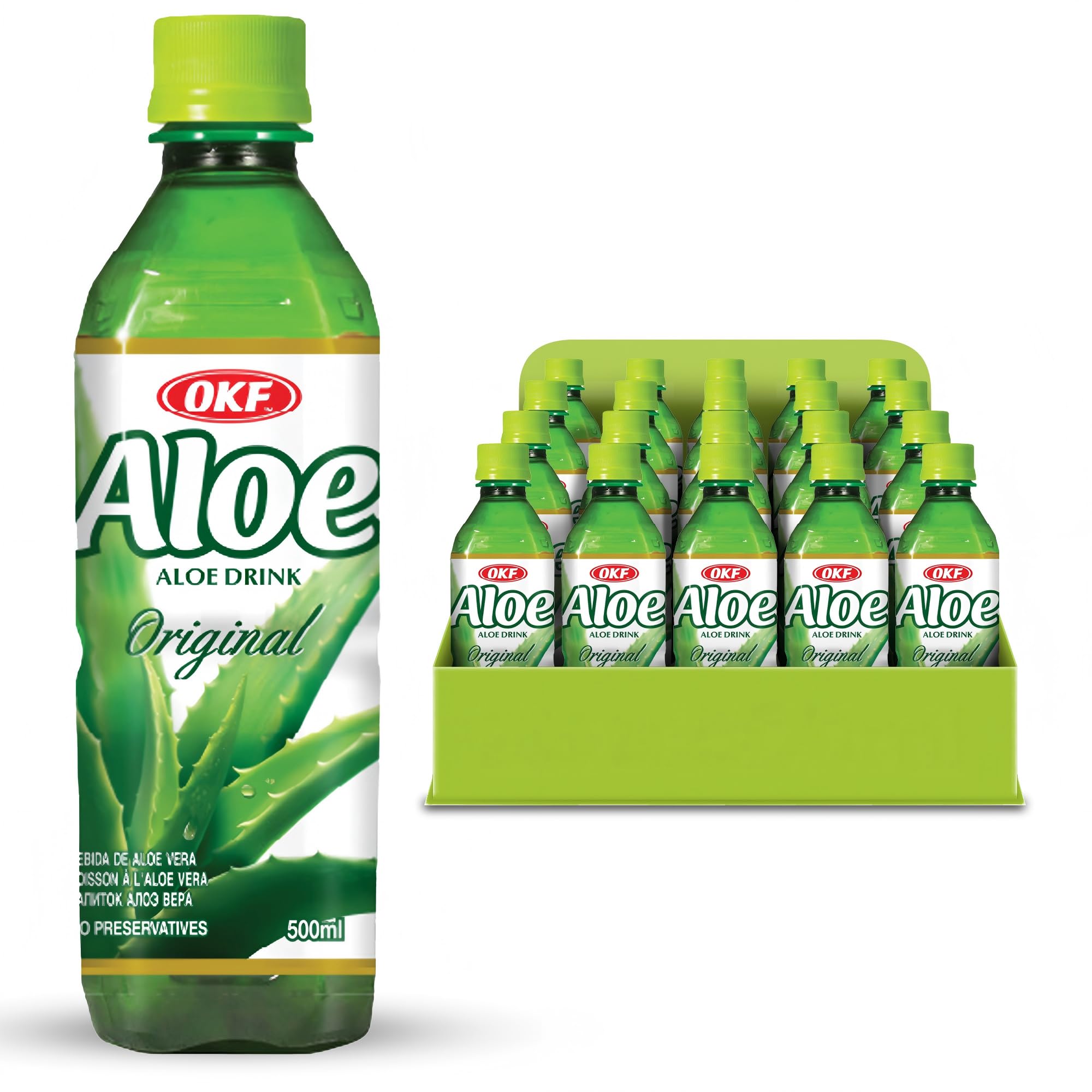 OKF Aloe Vera Drink Juice with Pure Aloe Pulp, Variety, 16.9 oz. (Original, Pack of 20), Plant Based Drink, Korean drinks