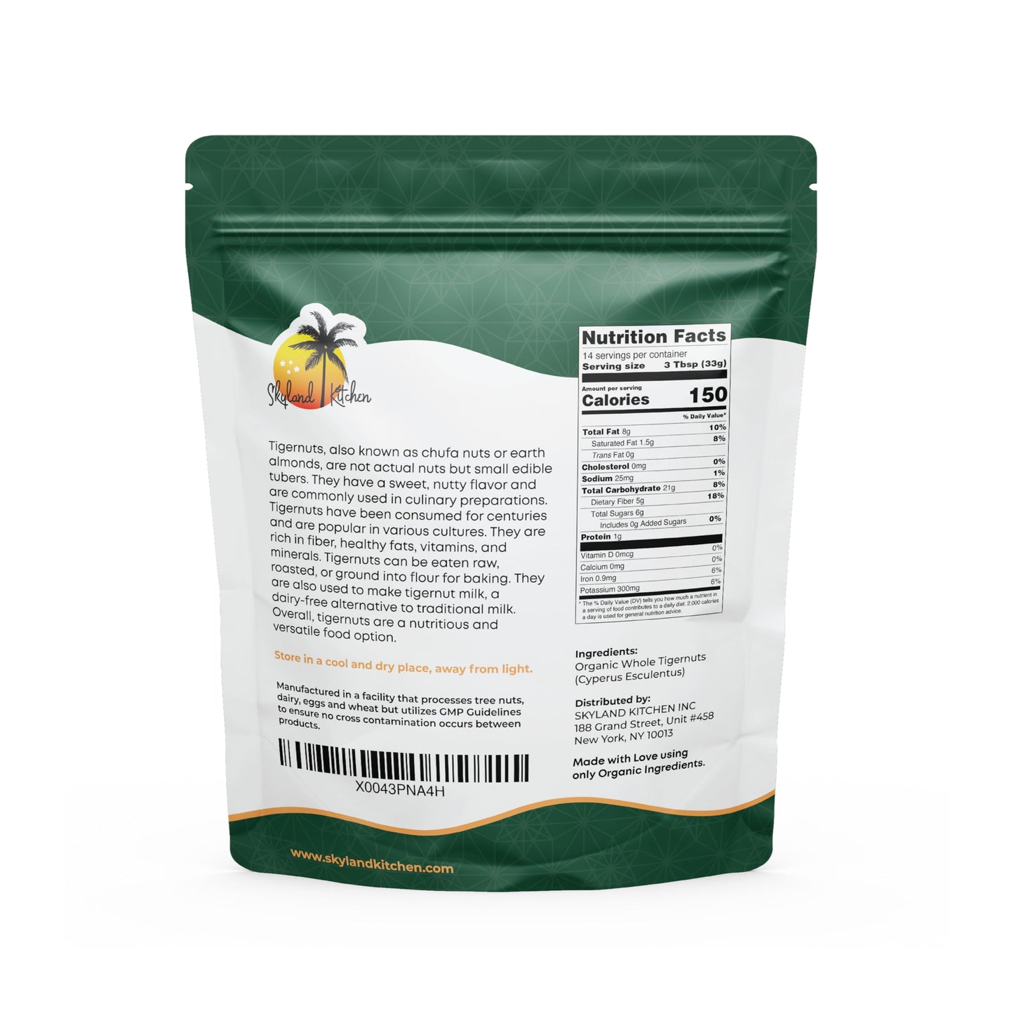 Skyland Kitchen Organic Whole Tigernuts, Nut-Free, Raw Snack, Gluten-Free, Vegan, Paleo Friendly, High Fiber, Non-GMO 2 x 16oz(pack of 2)