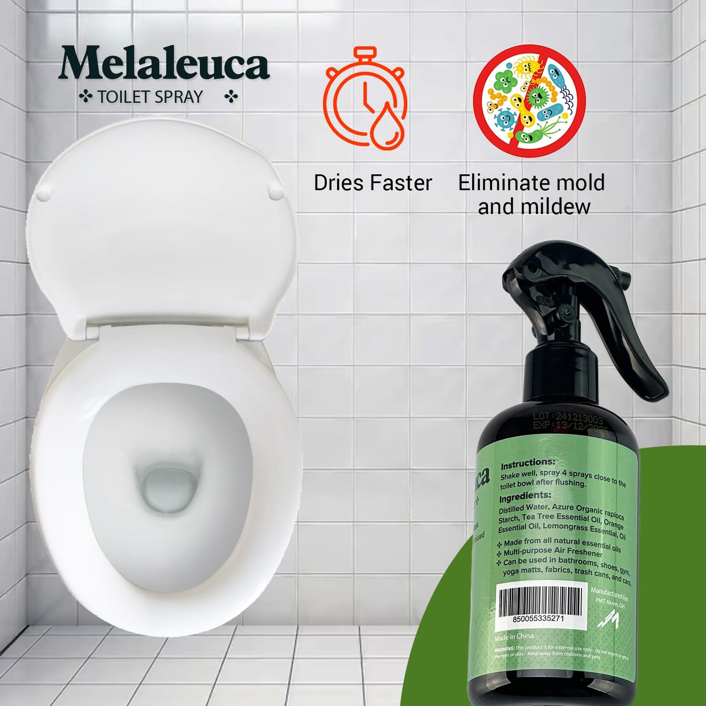 Melaleuca Spray - 100% Natural Tea Tree Oil Toilet Spray - 8 Oz - Natural Bathroom Odor Eliminator & Air Freshener - Pure Tea Tree Essential Oil