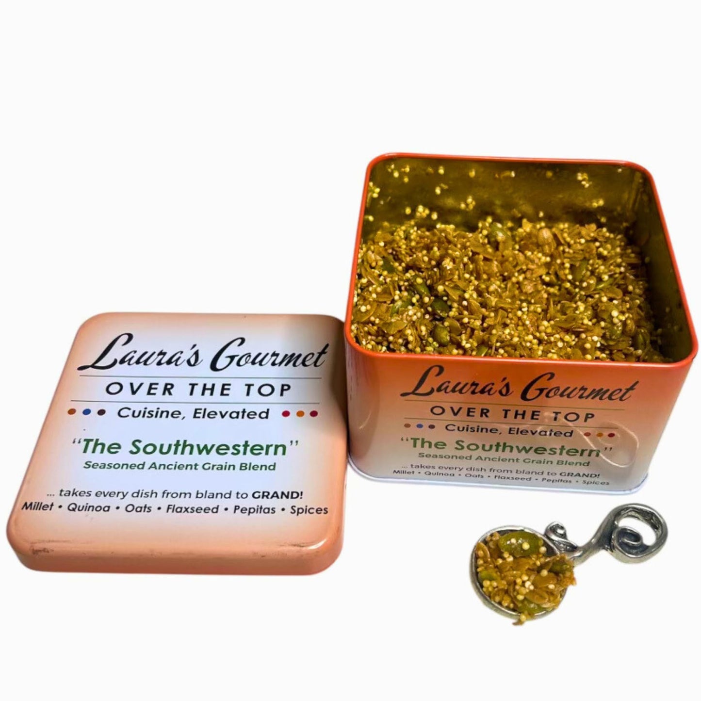 Laura’s Gourmet, Over The Top Savory Seasoned Ancient Grain Blends, “The Southwestern,” 10 oz. Tin, All-Natural, Gluten-Free Topper for Salads, Soups