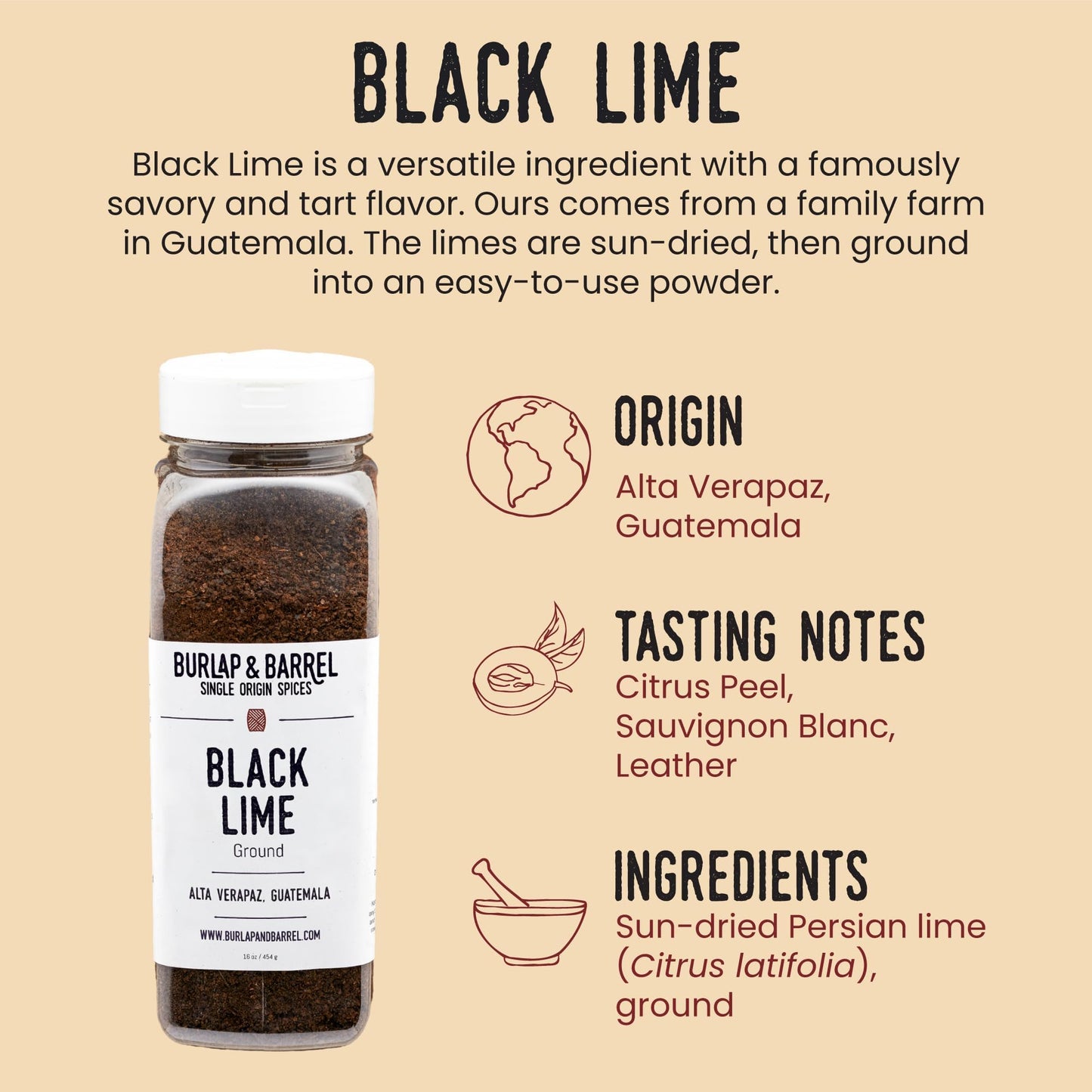 Burlap & Barrel Ground Black Lime - Tart & Savory for Roasted Meats, Veggies, Stews, Kebabs Alternative to Makrut Leaf - As seen on Shark Tank - 16oz