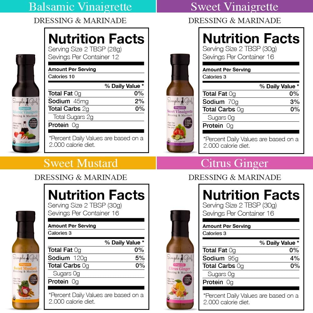 Simple Girl Organic Salad Dressing Variety - Sweet Vinaigrette, Balsamic Vinaigrette, Sweet Mustard and Citrus Ginger - Sugar Free Dressings, Low/No