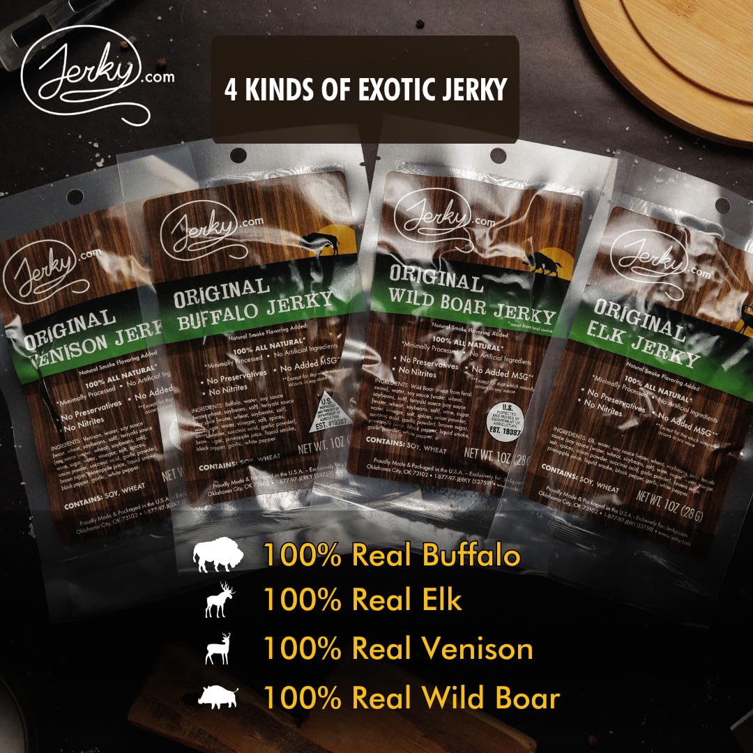 Jerky.com Exotic Jerky Variety Pack | 4pc Wild Game Snacks Sampler with Venison, Elk, Buffalo & Wild Boar | High Protein, Keto, Exotic Jerky Gifts