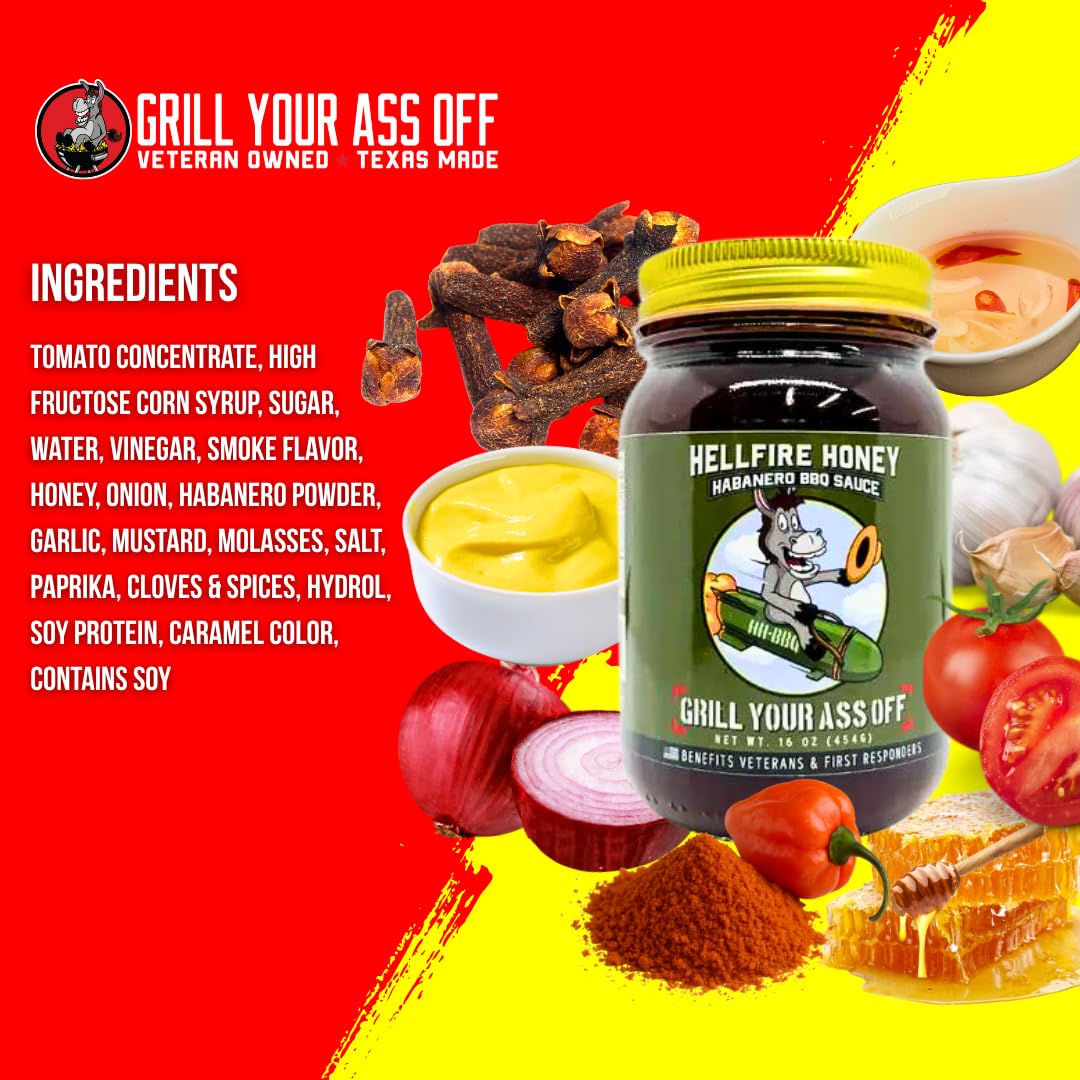 Grill Your As* Off Hellfire Honey Habanero BBQ Sauce - 16oz Sweet & Spicy Explosive Flavor Barbecue Sauce for Beef, Steak, Pork & Chicken - Gourmet