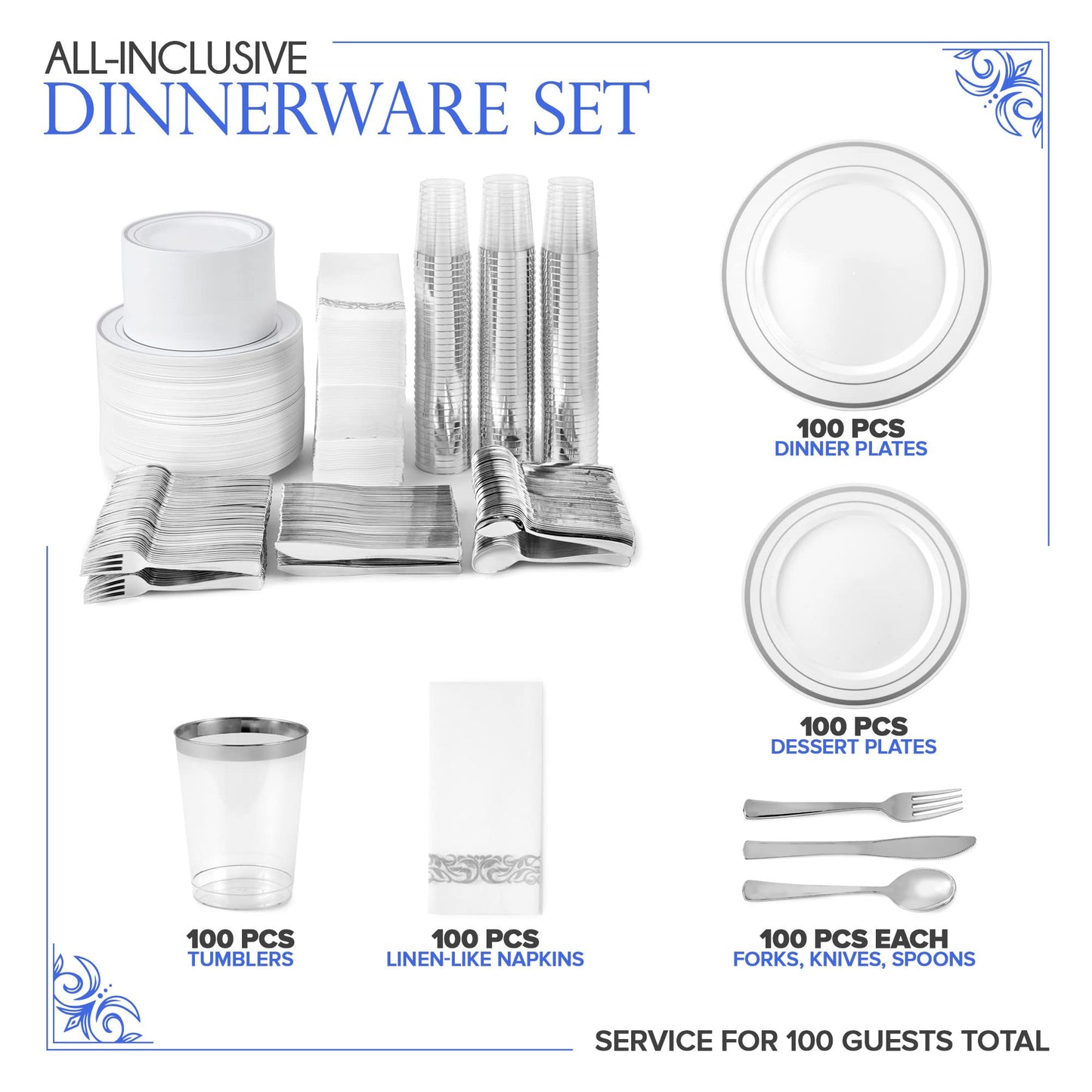 700 Piece Silver Dinnerware Set: 200 Silver-Rim Plastic Plates, 100 Silver Silverware, 100 Plastic Cups, 100 Cloth-Like Napkins, Bulk Wedding Plates