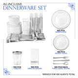 700 Piece Silver Dinnerware Set: 200 Silver-Rim Plastic Plates, 100 Silver Silverware, 100 Plastic Cups, 100 Cloth-Like Napkins, Bulk Wedding Plates