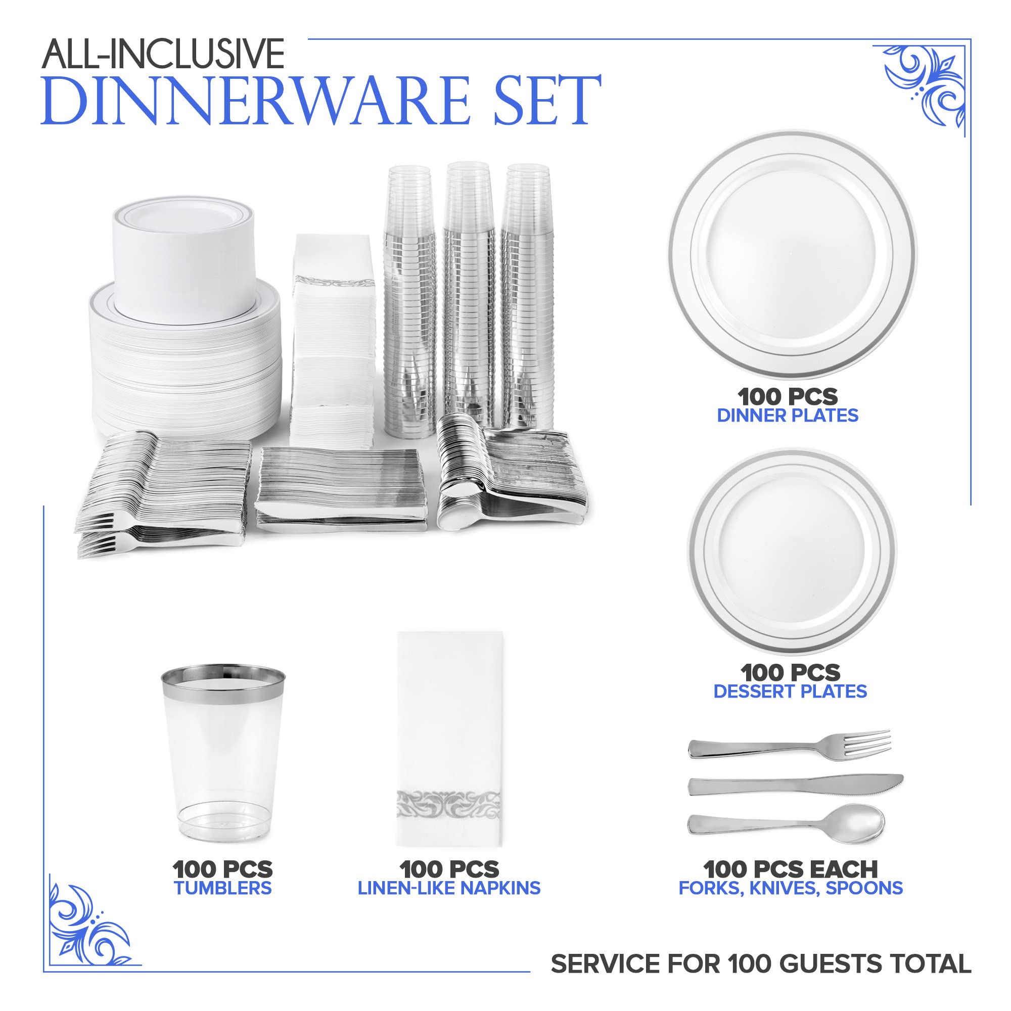 700 Piece Silver Dinnerware Set: 200 Silver-Rim Plastic Plates, 100 Silver Silverware, 100 Plastic Cups, 100 Cloth-Like Napkins, Bulk Wedding Plates