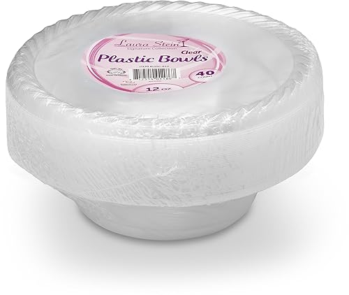 Laura Stein Crystal Clear Disposable Bowls (40 Count, 12 Oz) | Premium Soup Sized Plastic Party Bowls for Weddings, Events & Parties
